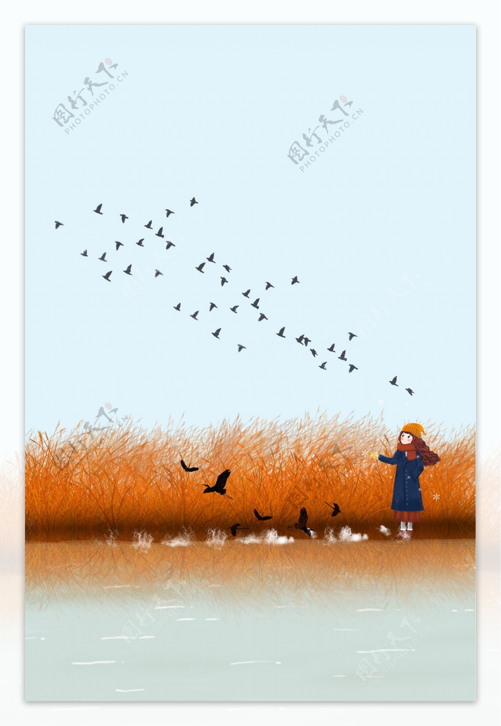 冬天河边看飞鸟的女孩插画海报