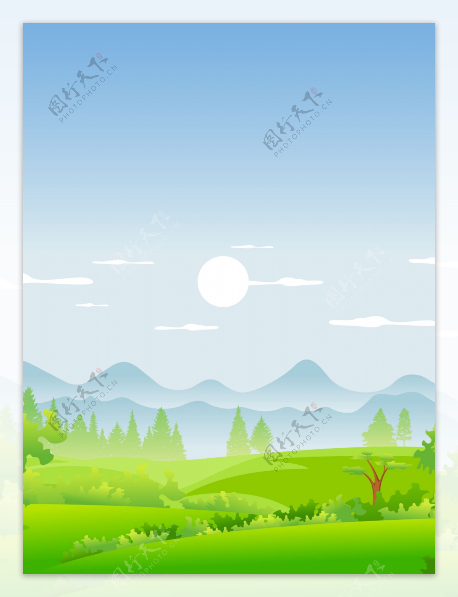卡通绿色草地夏天山间自然风光背景图