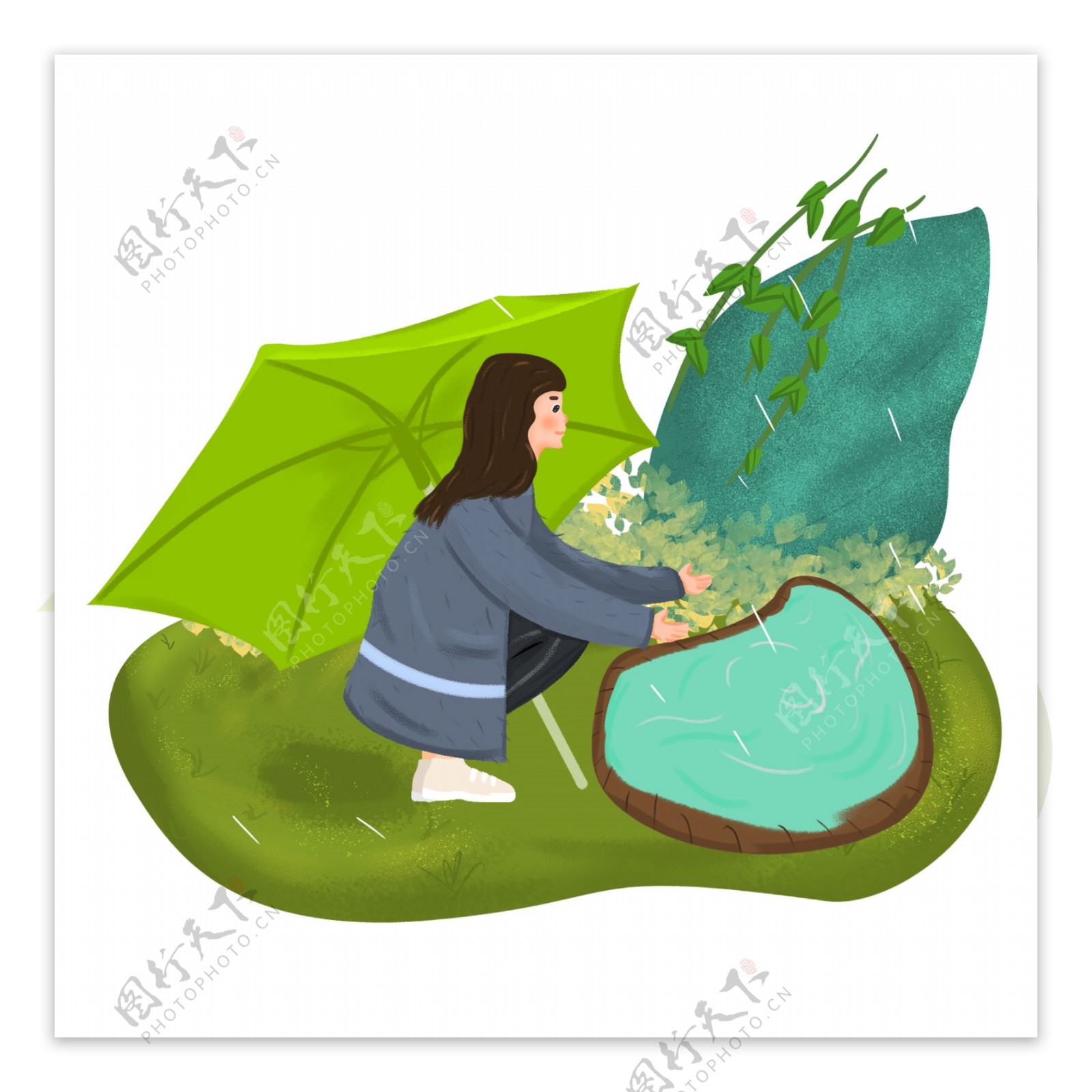 清明节下雨打伞的女孩手绘插画