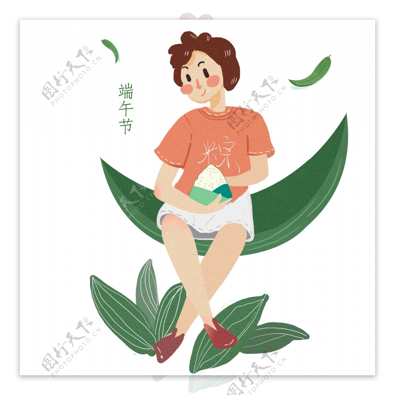 端午节吃粽子的女孩手绘插画
