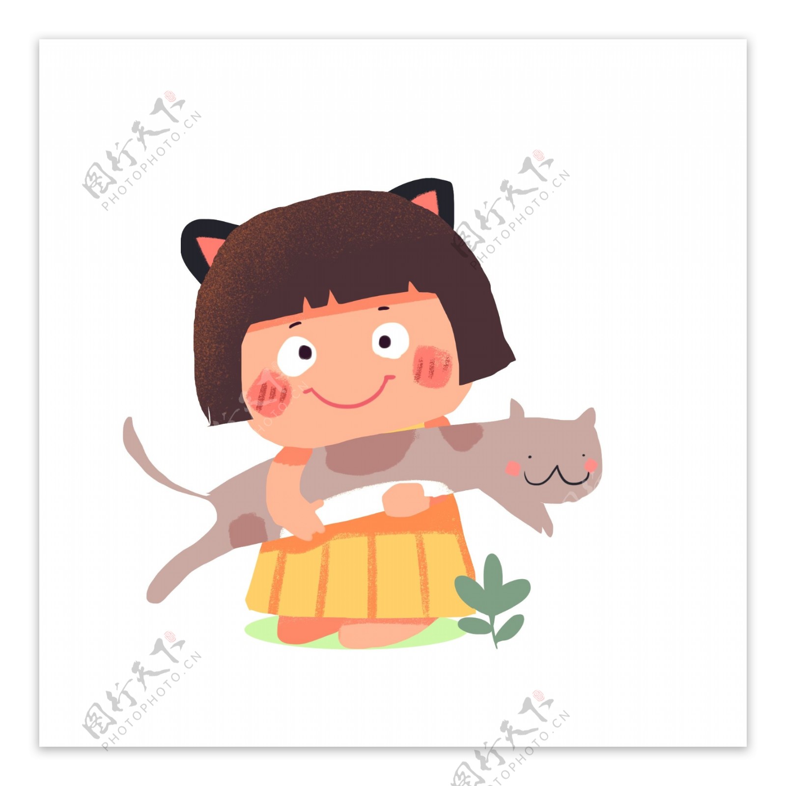 抱着猫咪的女孩Q版插画png