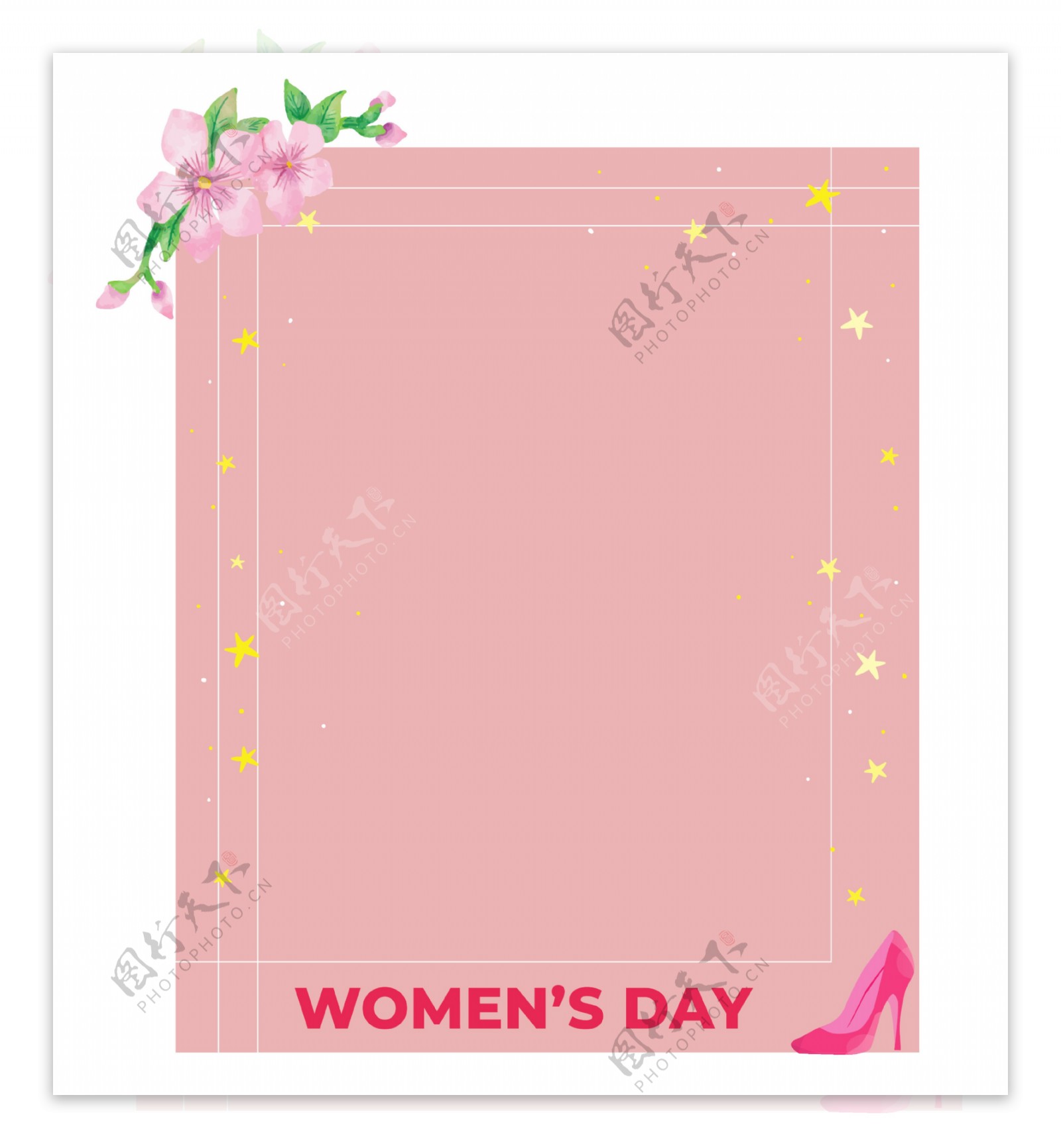 三八妇女节可爱深粉色鲜花高跟鞋闪亮星星矢量边框