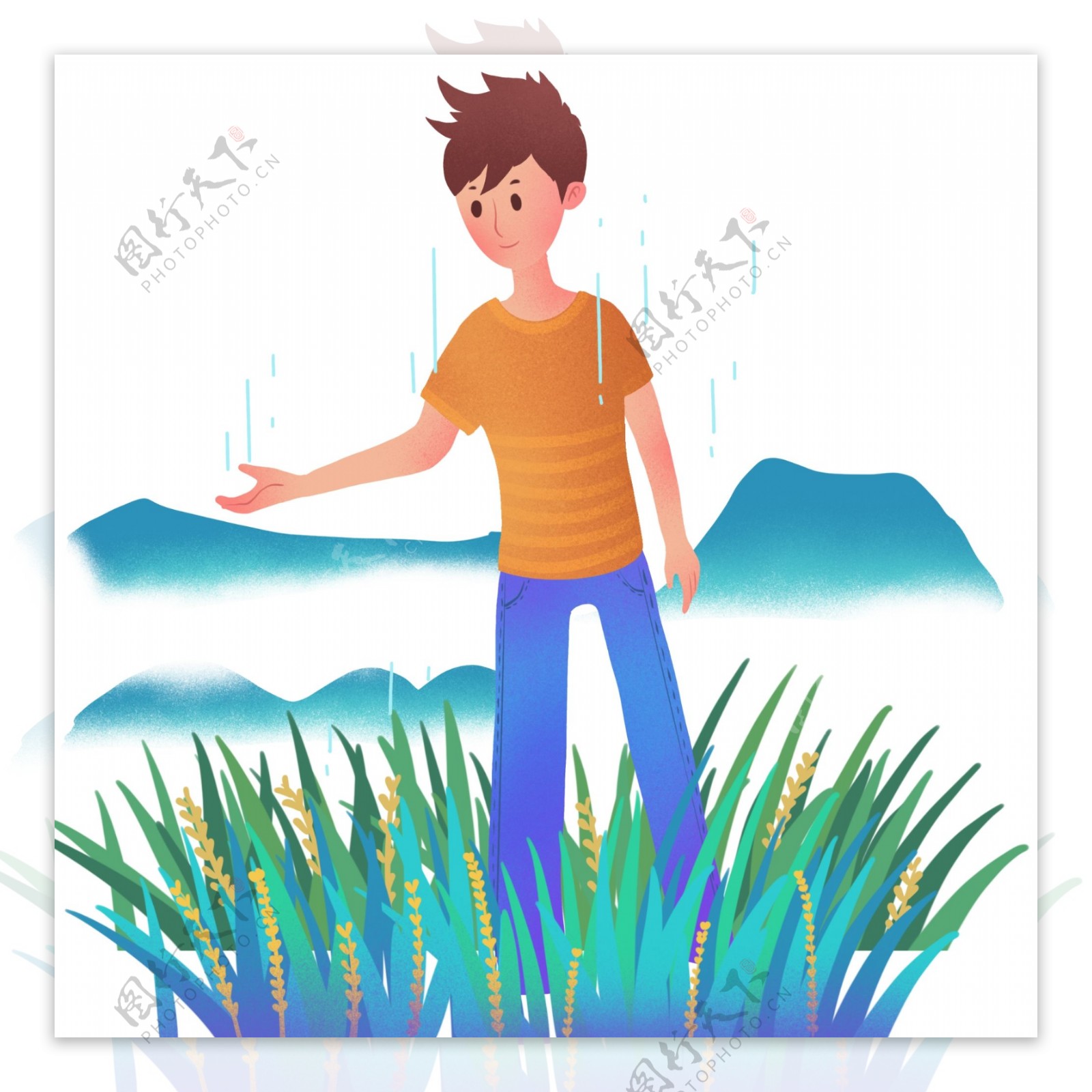 谷雨站在草丛中的男孩插画