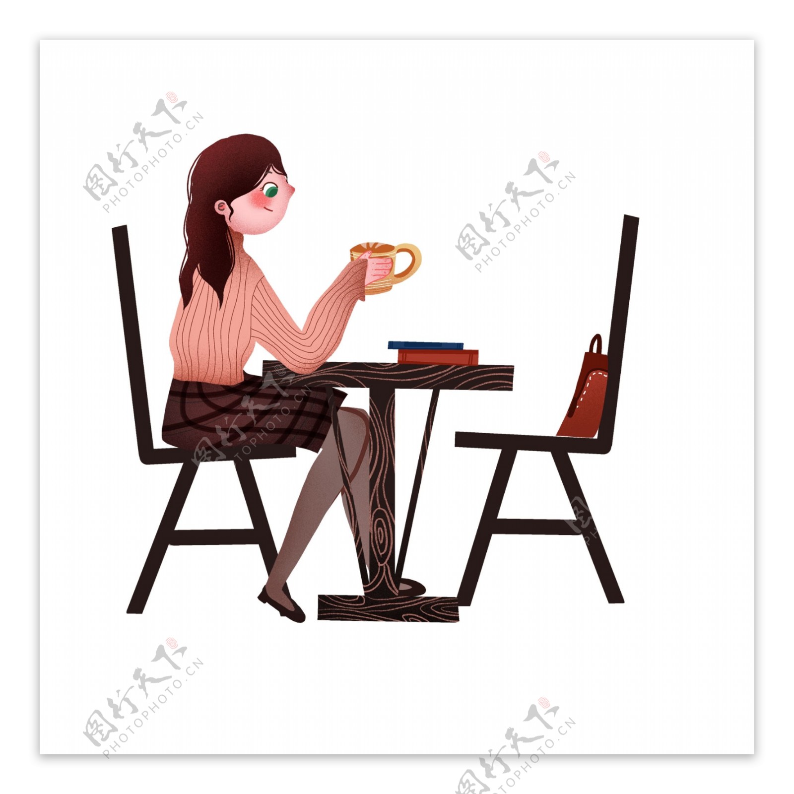 卡通休闲喝咖啡的女人