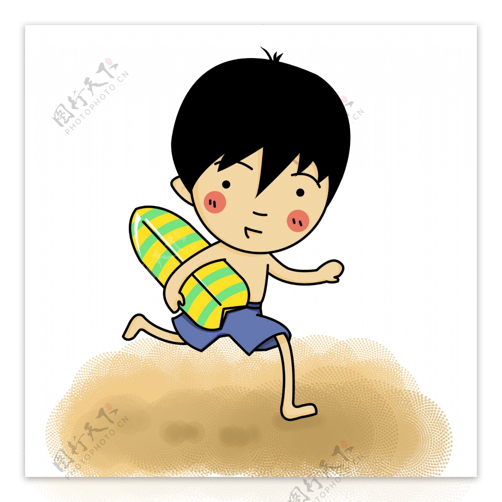沙滩上手抱冲浪板的小男孩