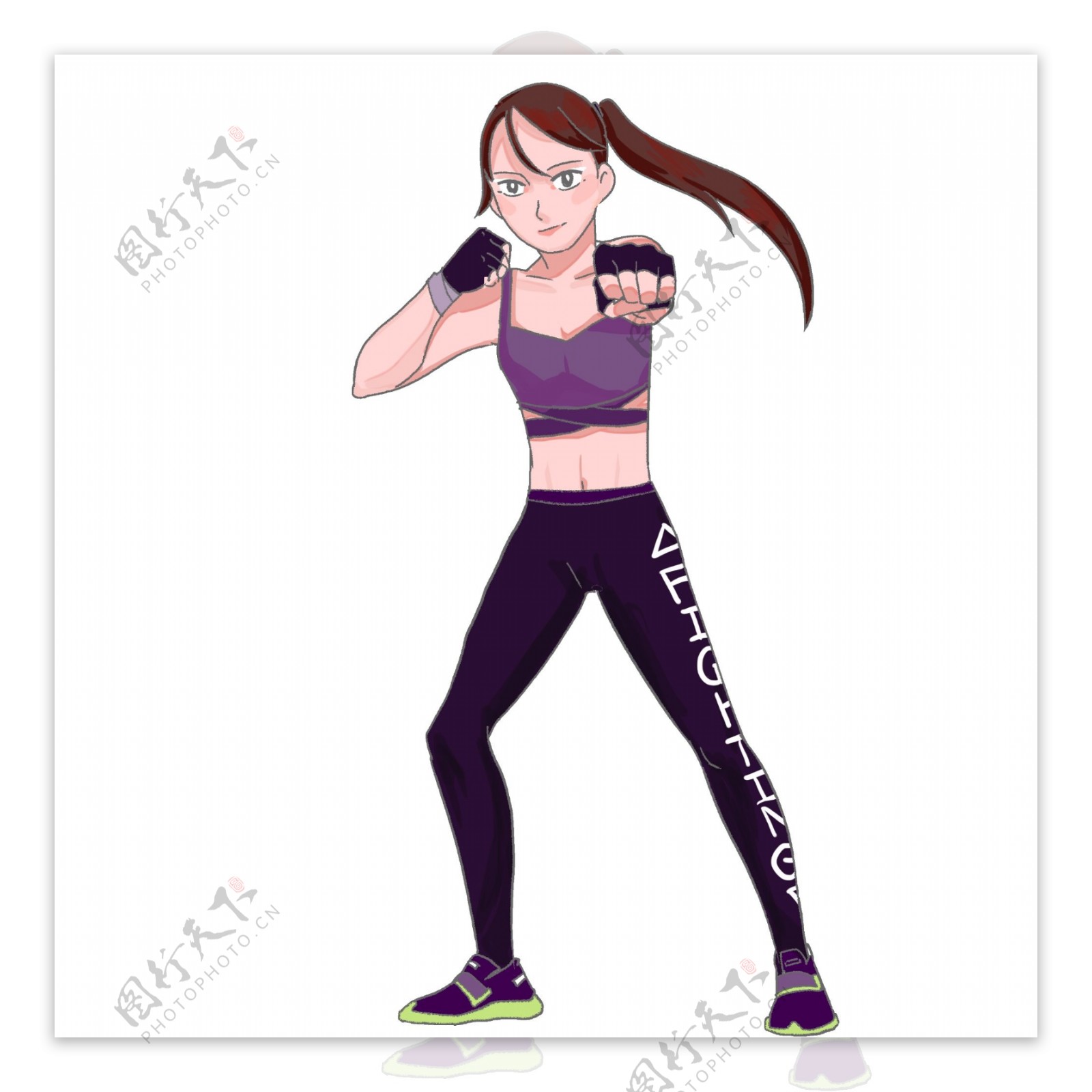 健身运动打拳击的女孩手绘插画