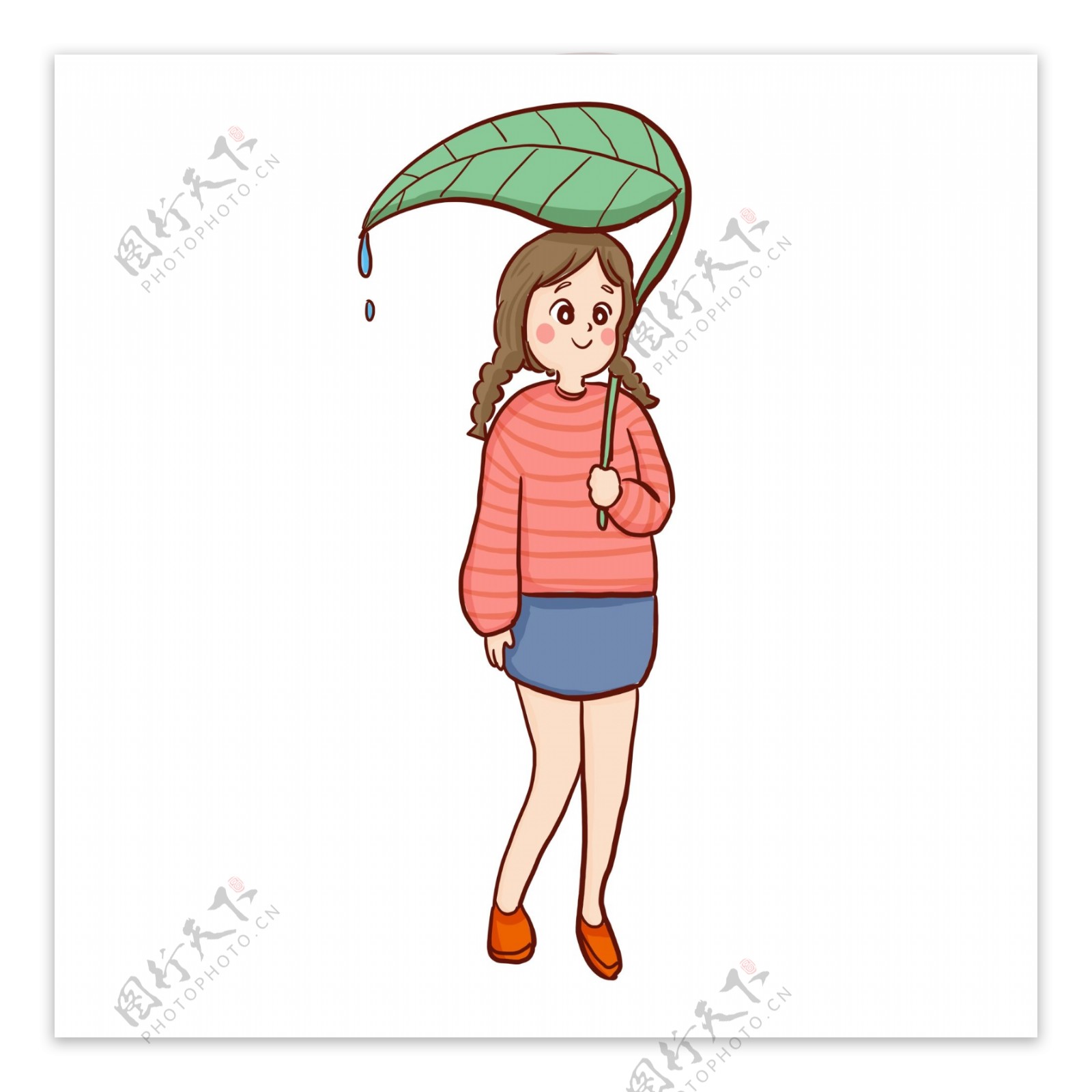 卡通手绘撑着树叶伞的小女孩
