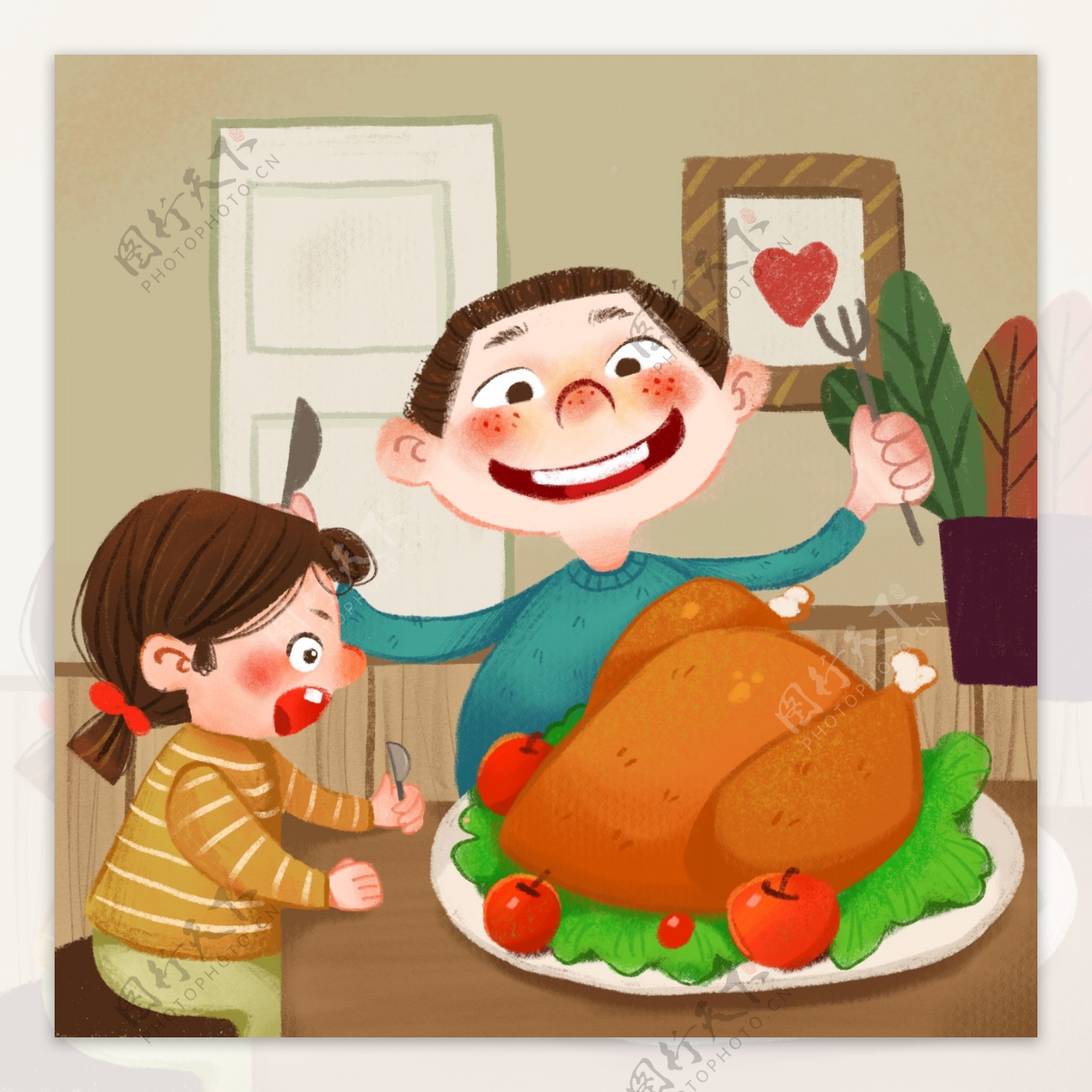 感恩节聚餐吃火鸡的父女两个