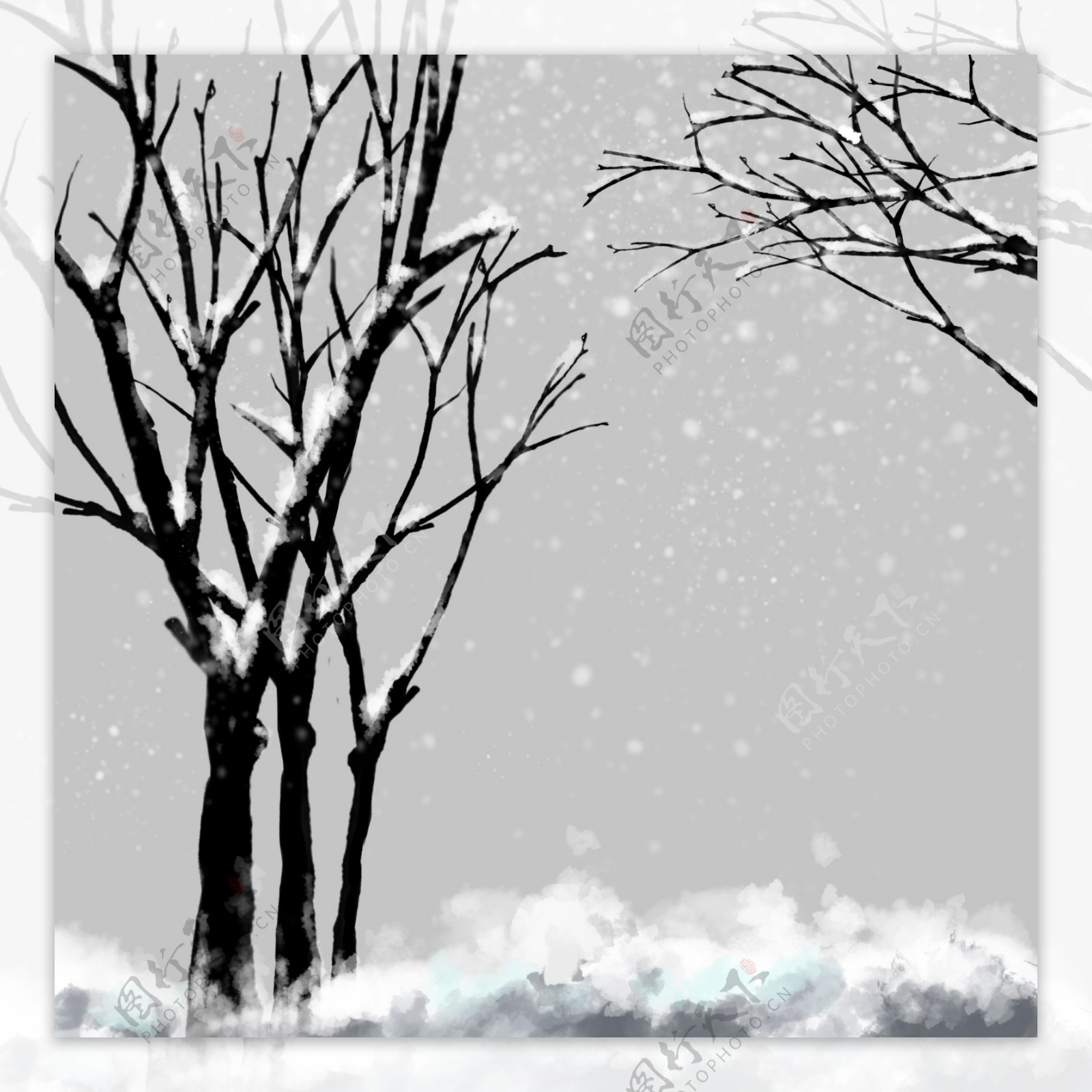 冬季积雪暗色树丛树林树枝寒冷手绘免抠