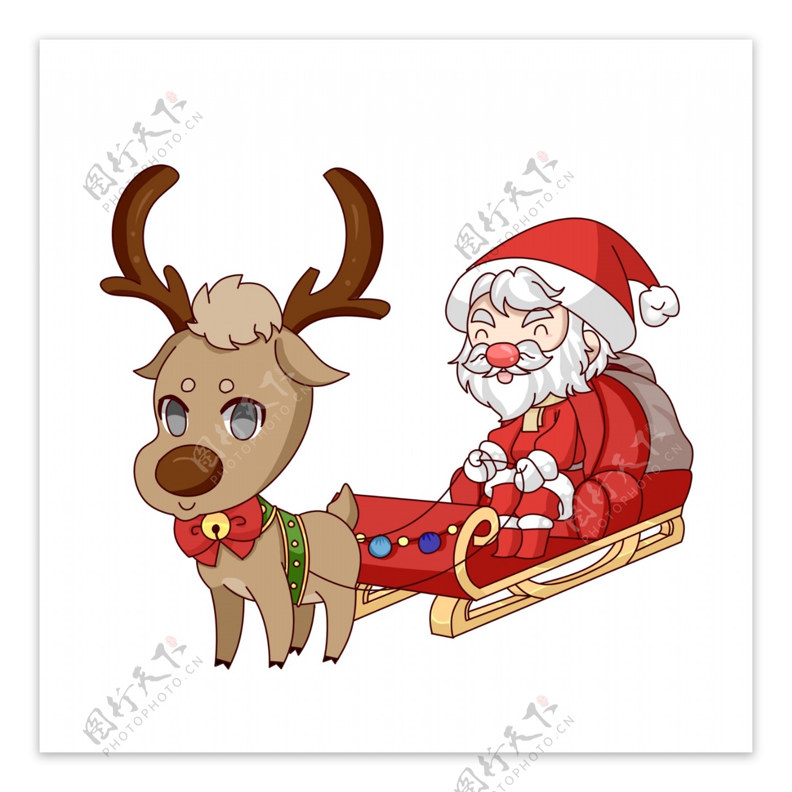 圣诞节萌系圣诞老人驯鹿雪橇元素素材PNG