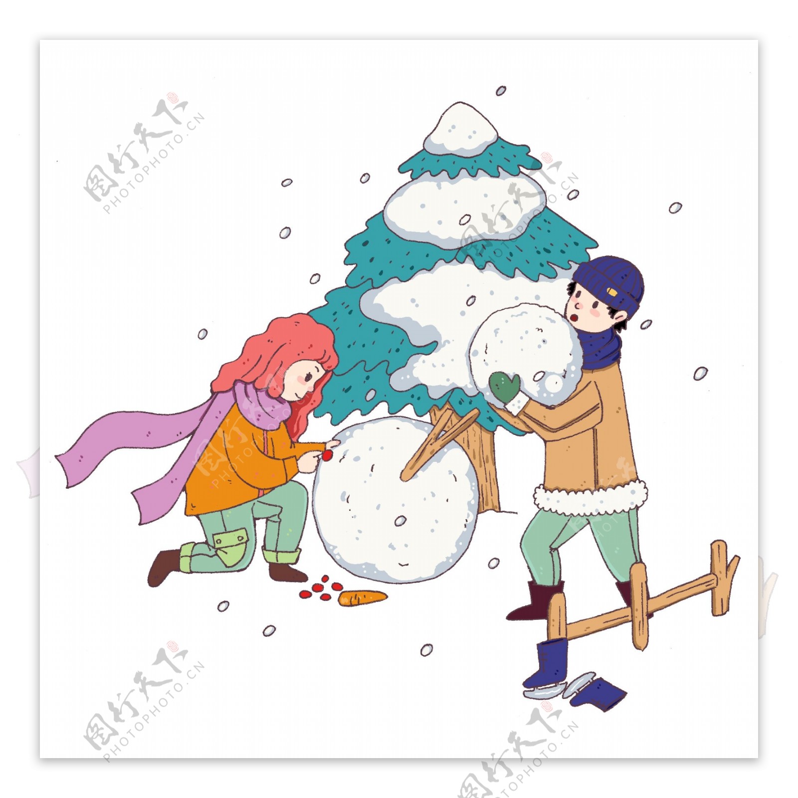 大寒节气打雪仗滚雪球人物插画