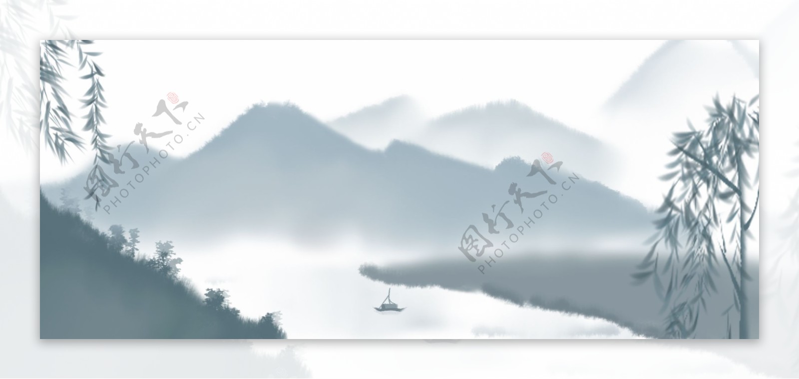 手绘中国风古风水墨写意杨柳柳树山水画