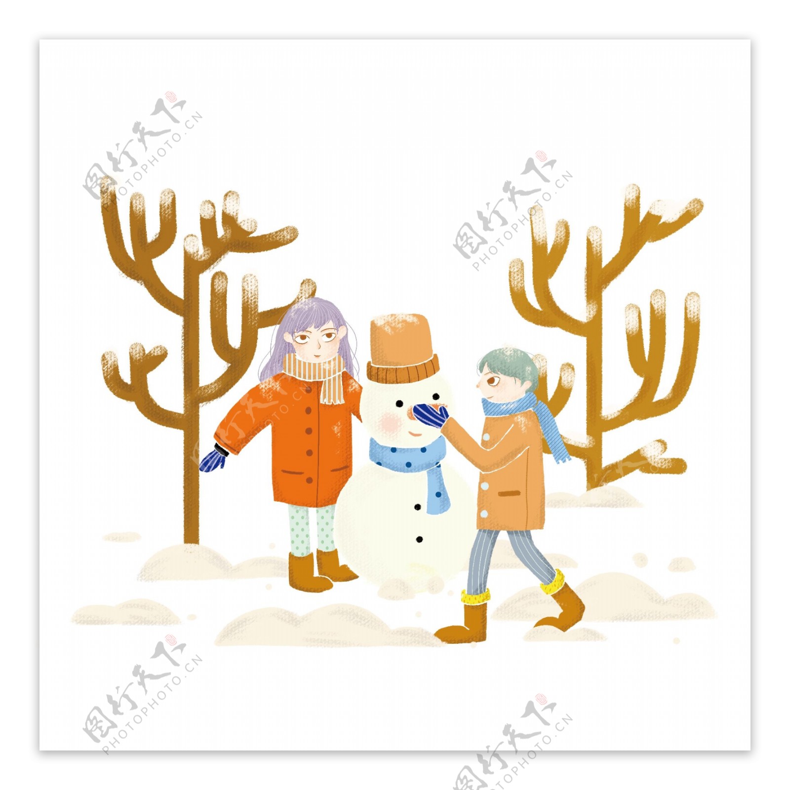 冬季冬天节气冬装卡通情侣堆雪人插画