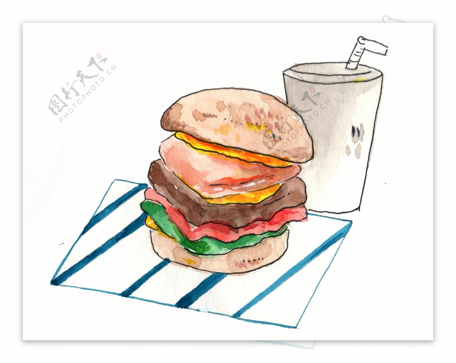 卡通手绘汉堡包饮料插画