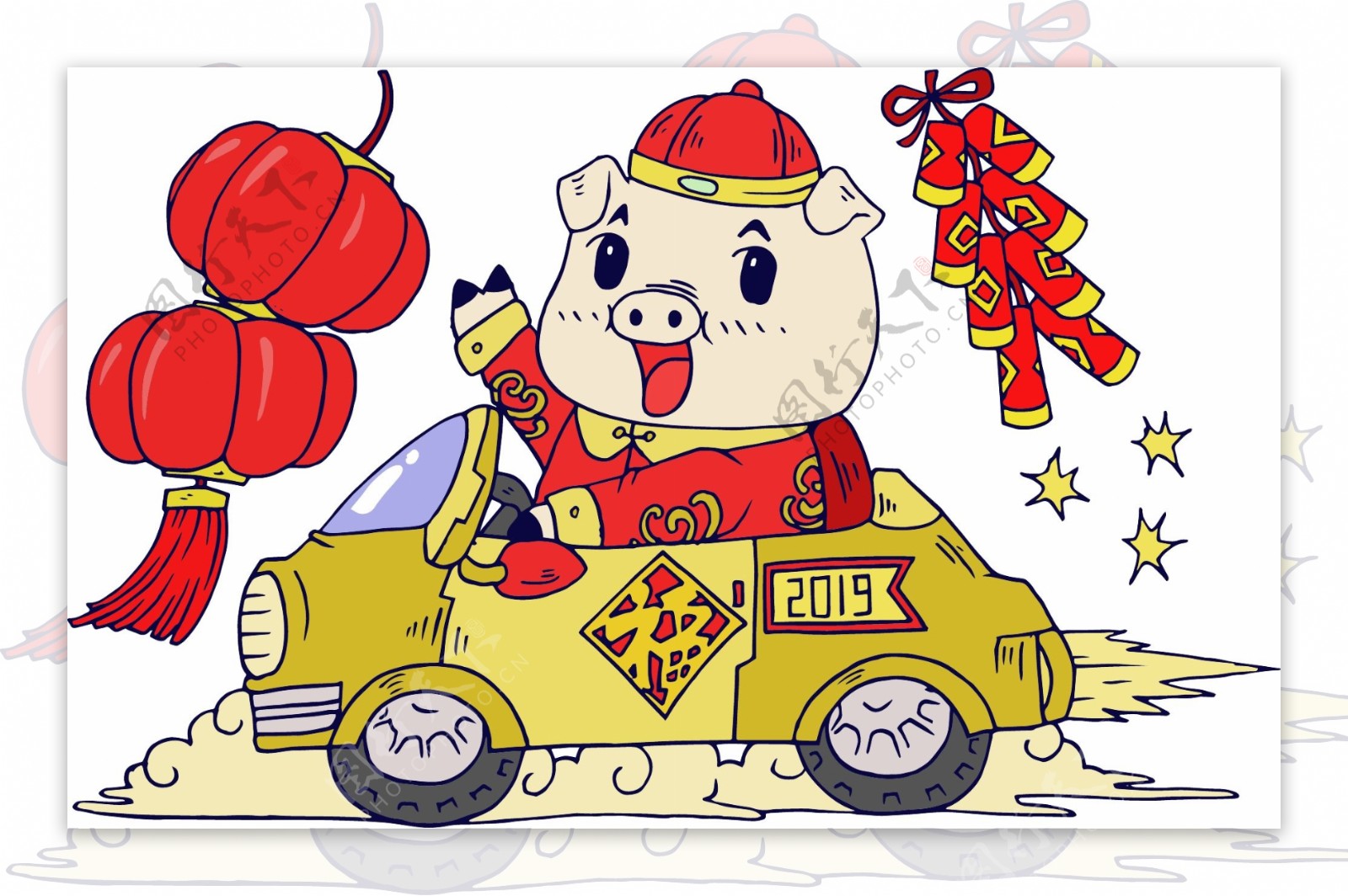 猪年快乐卡通猪灯笼鞭炮福汽车