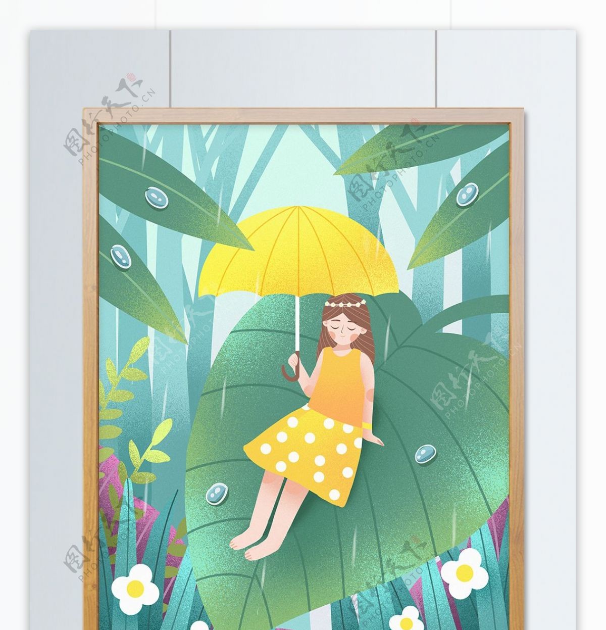 二十四节气谷雨树林里打伞的的女孩插画绘画