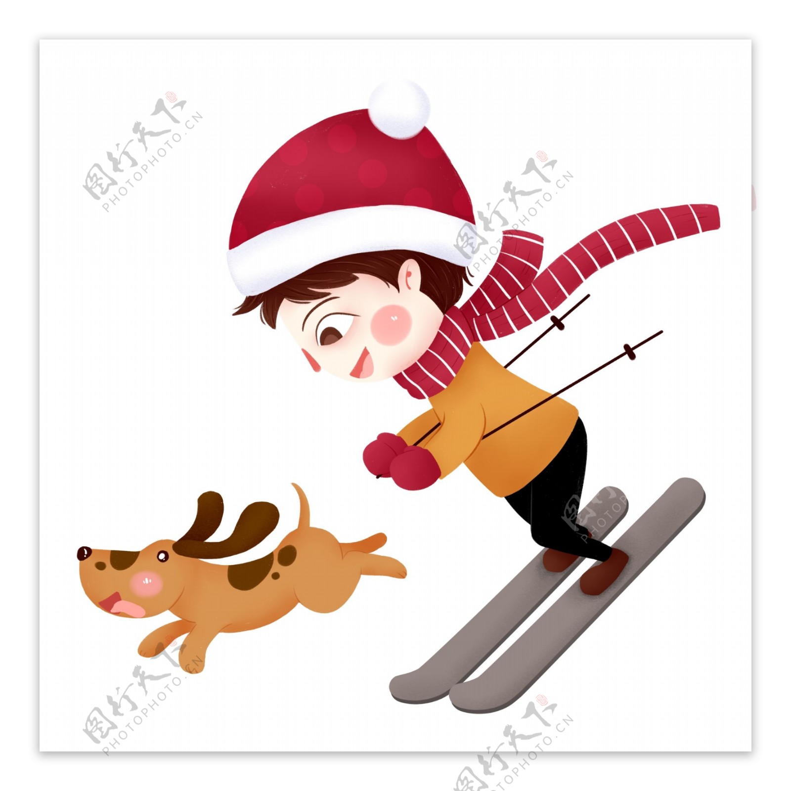 手绘卡通滑雪的男孩与小狗元素