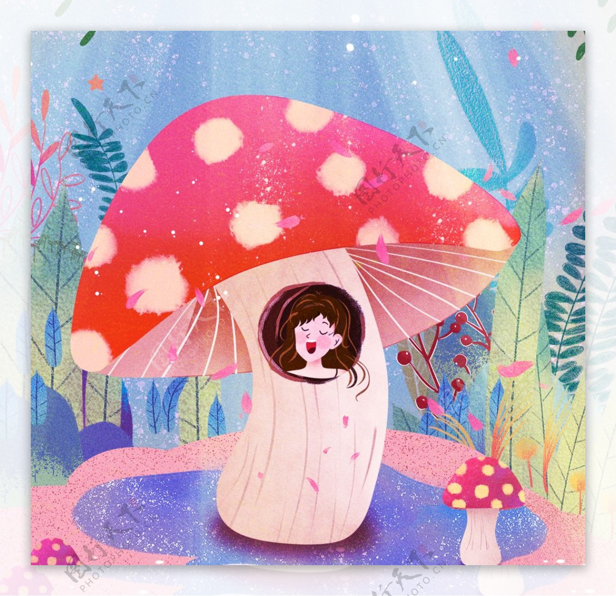 女孩与蘑菇设计元素素材免费下载(图片编号:5033396)-六图网
