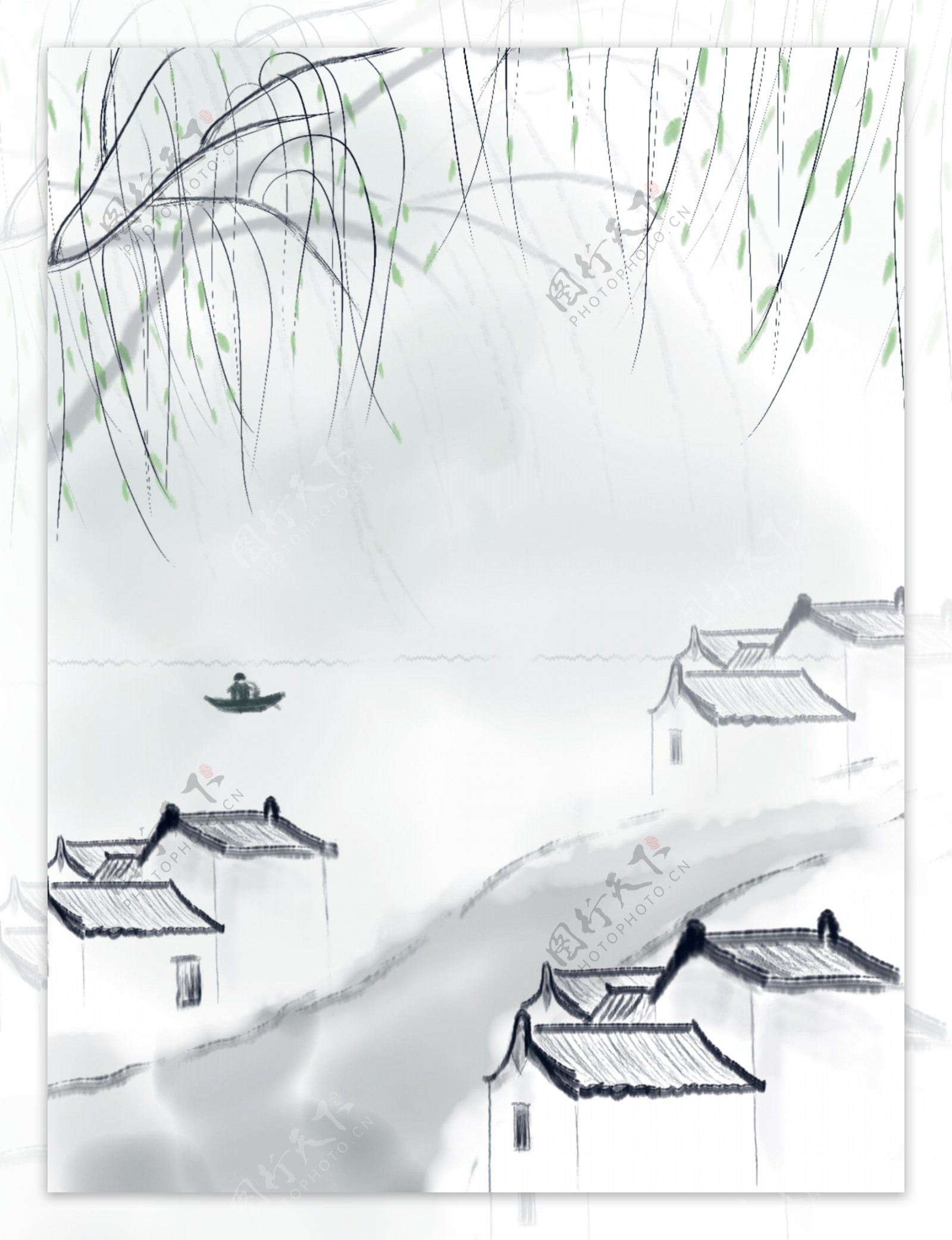 中国风水墨古建筑柳树江边小路村庄场景背景