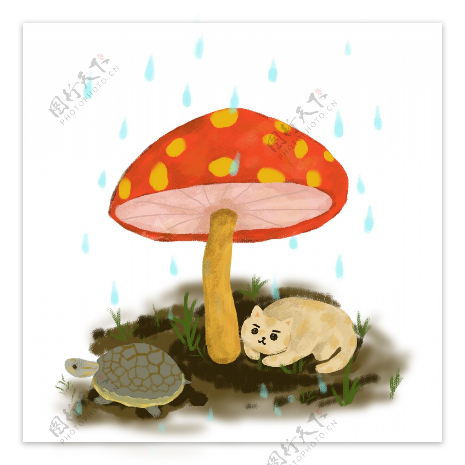 手绘雨中大蘑菇下的小动物元素