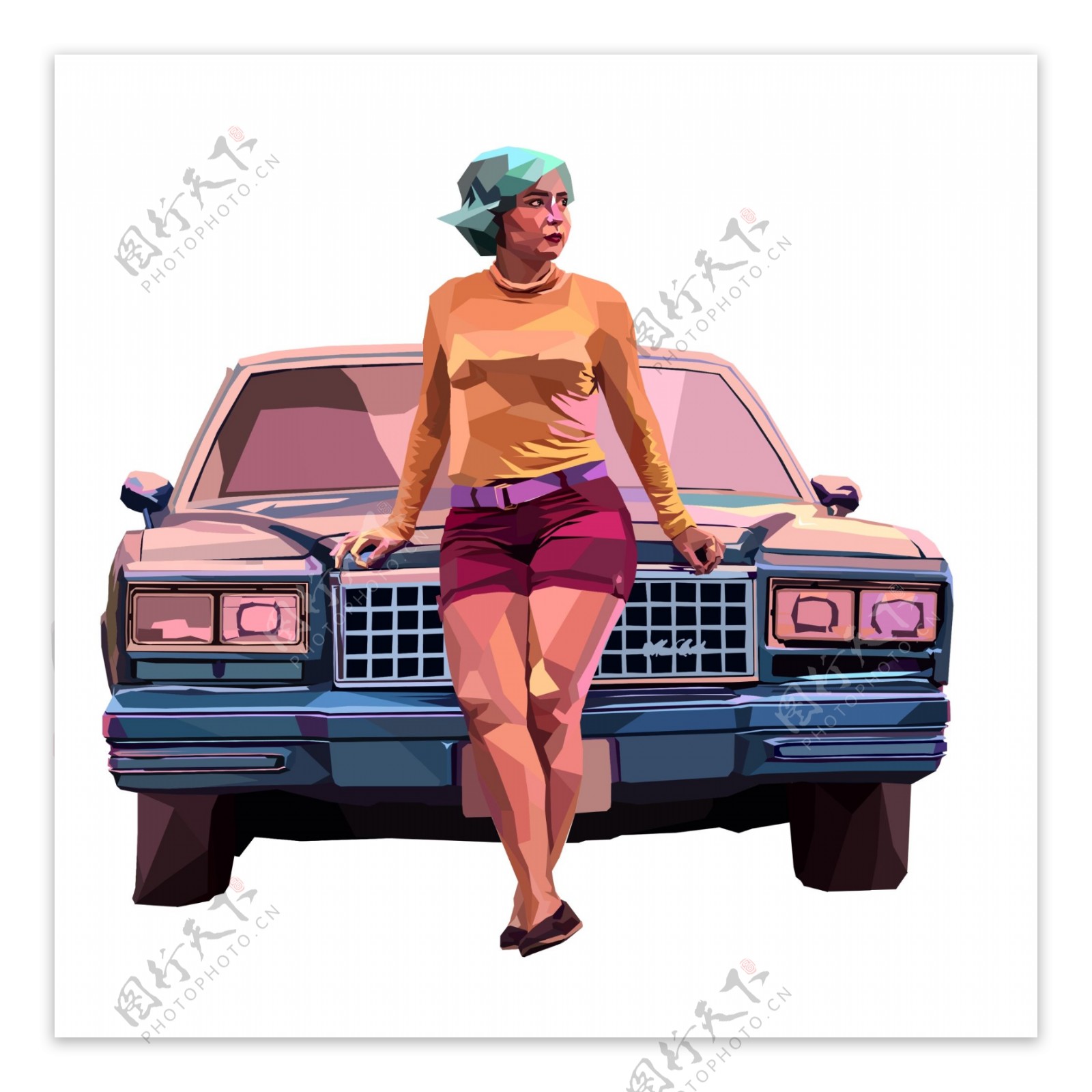 彩色创意坐在一辆车前的女人