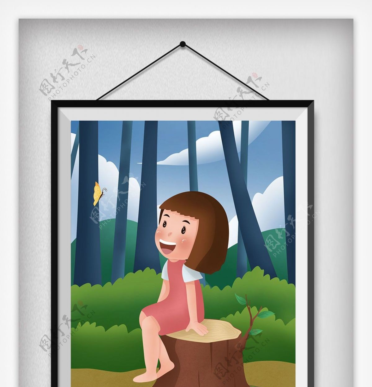 立夏节气树林里的小女孩卡通插画