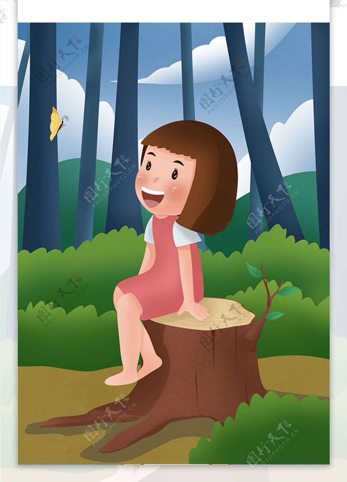 立夏节气树林里的小女孩卡通插画
