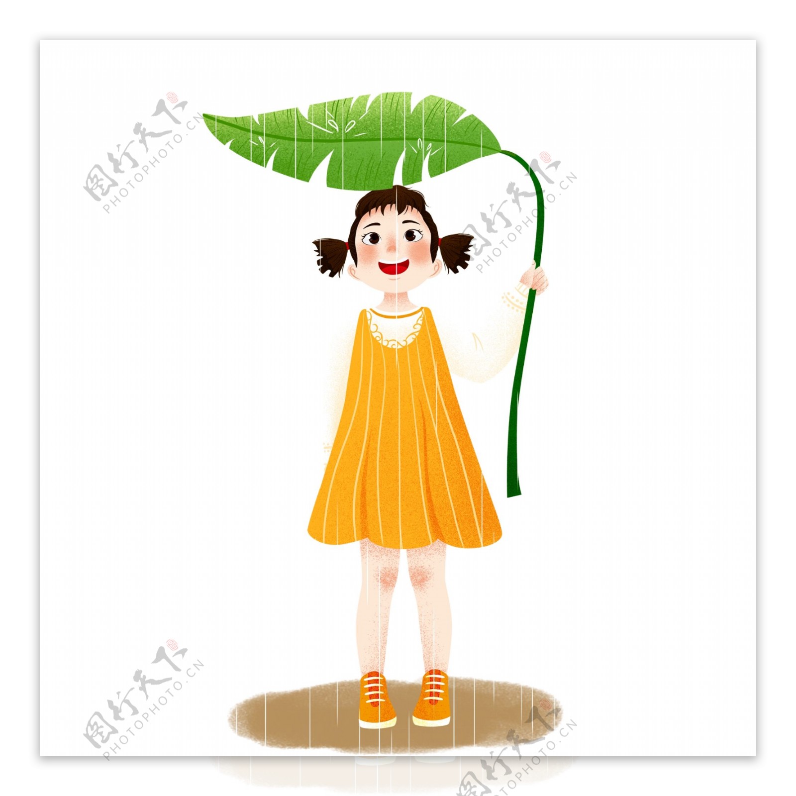 小清新雨中拿着树叶伞的女孩插画设计