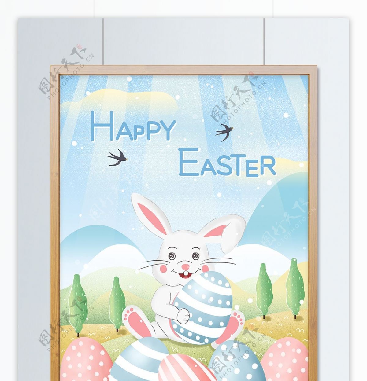 治愈系复活节小兔子抱彩蛋插画
