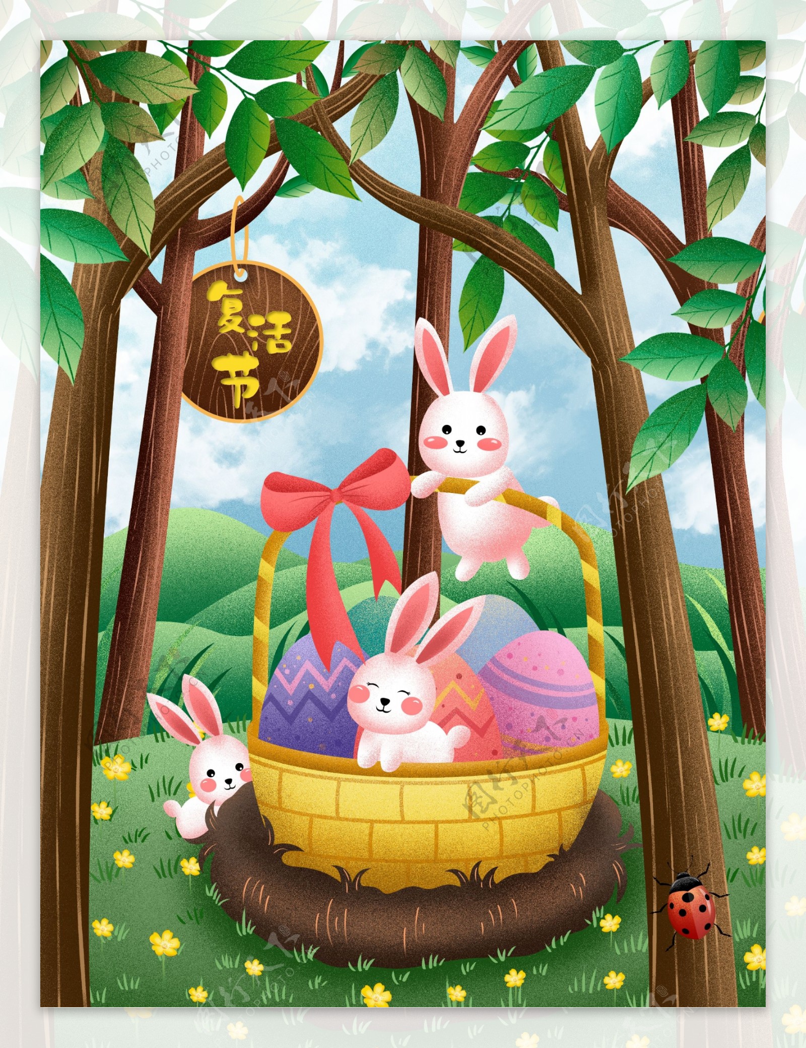 原创2019复活节兔子与彩蛋噪点插画