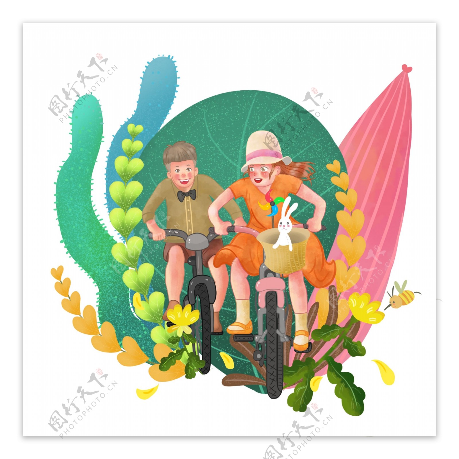 可商用高清手绘两个童儿在骑自行车