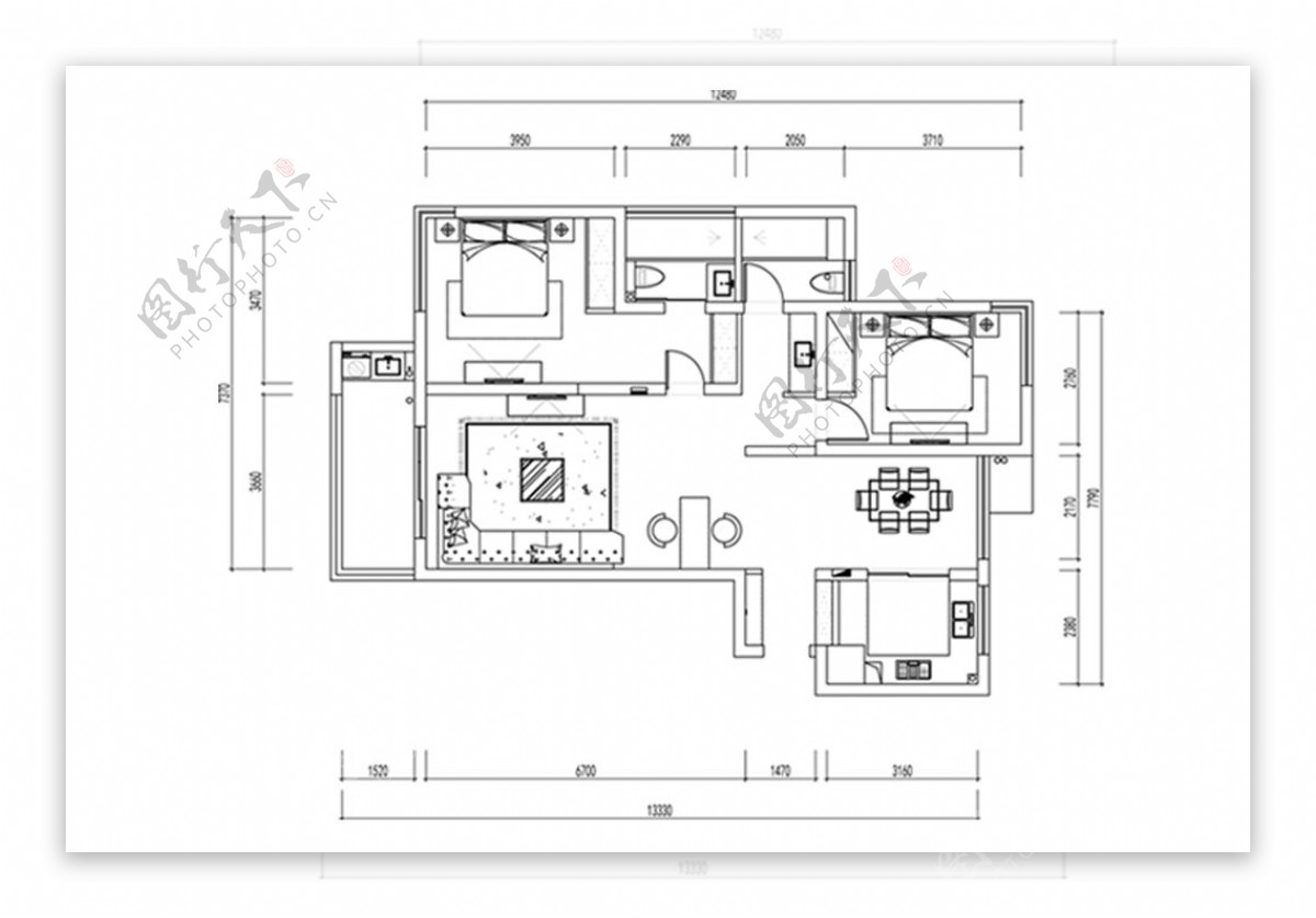 两居室户型CAD平面图