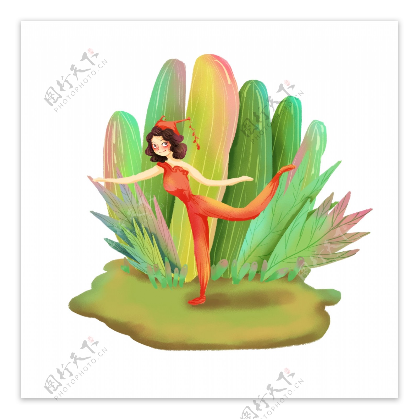 手绘小清热带绿植前跳舞的人插图素材