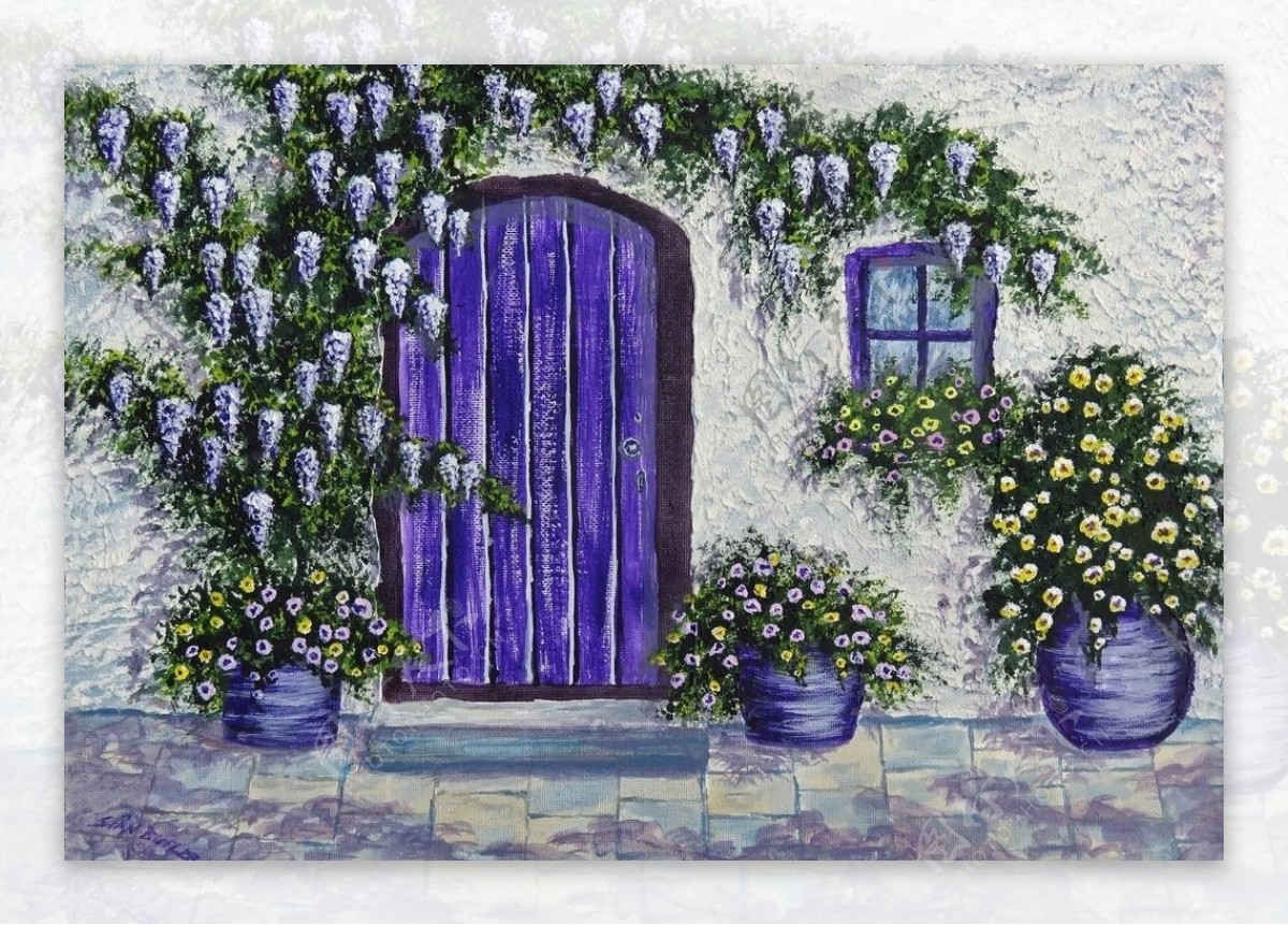 紫色门花墙