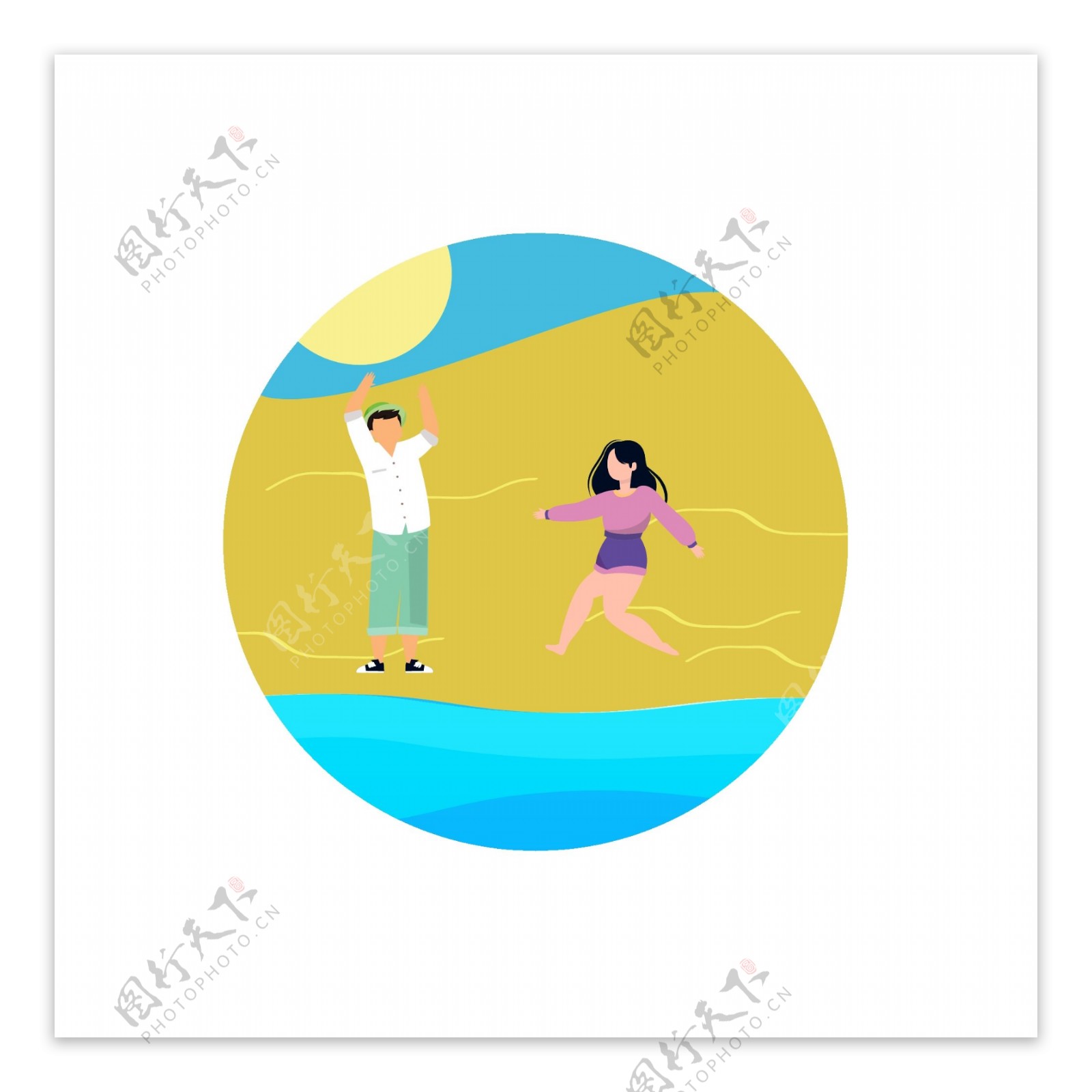 卡通风情侣在海边沙滩休息元素