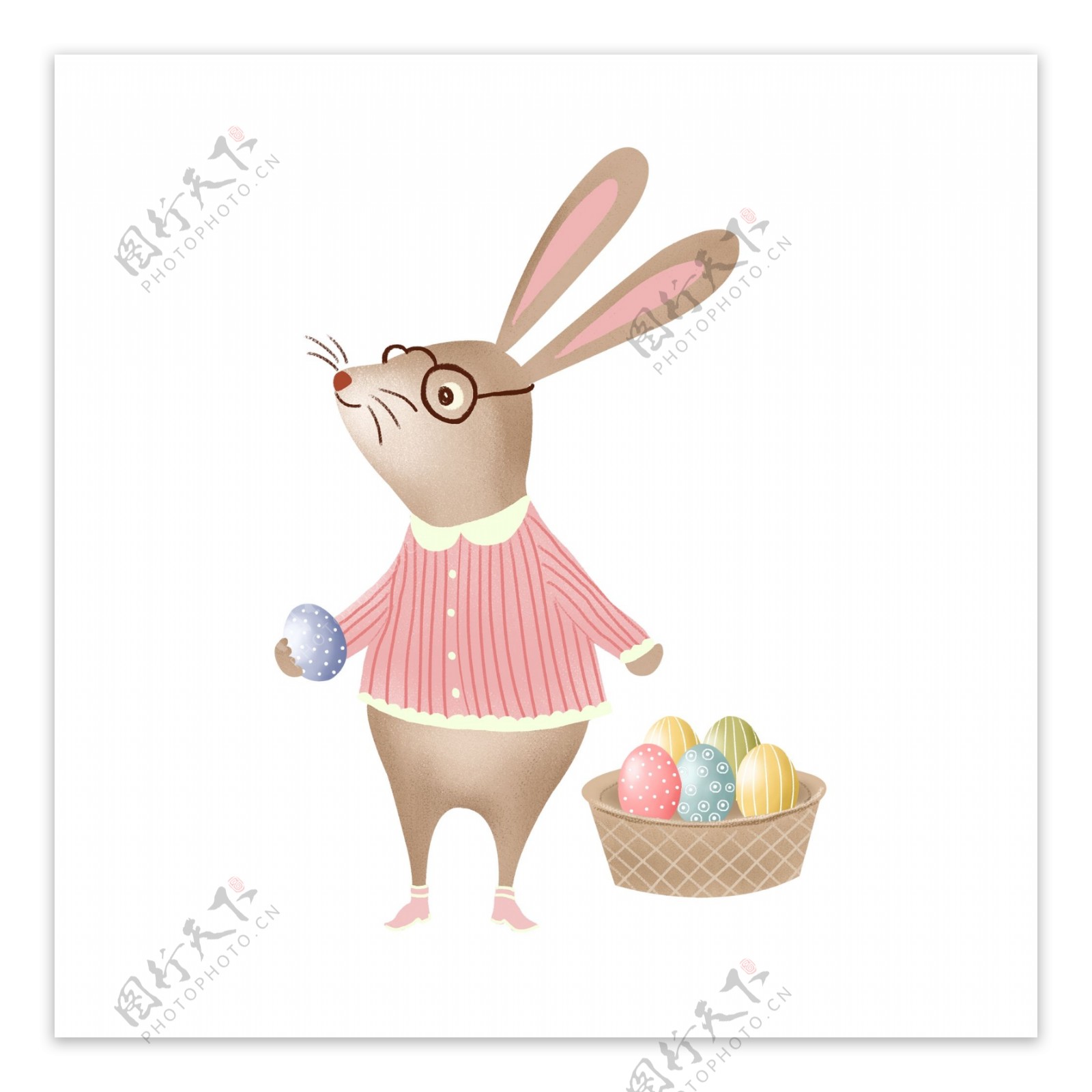 手绘提着一篮子彩蛋的兔子插画设计