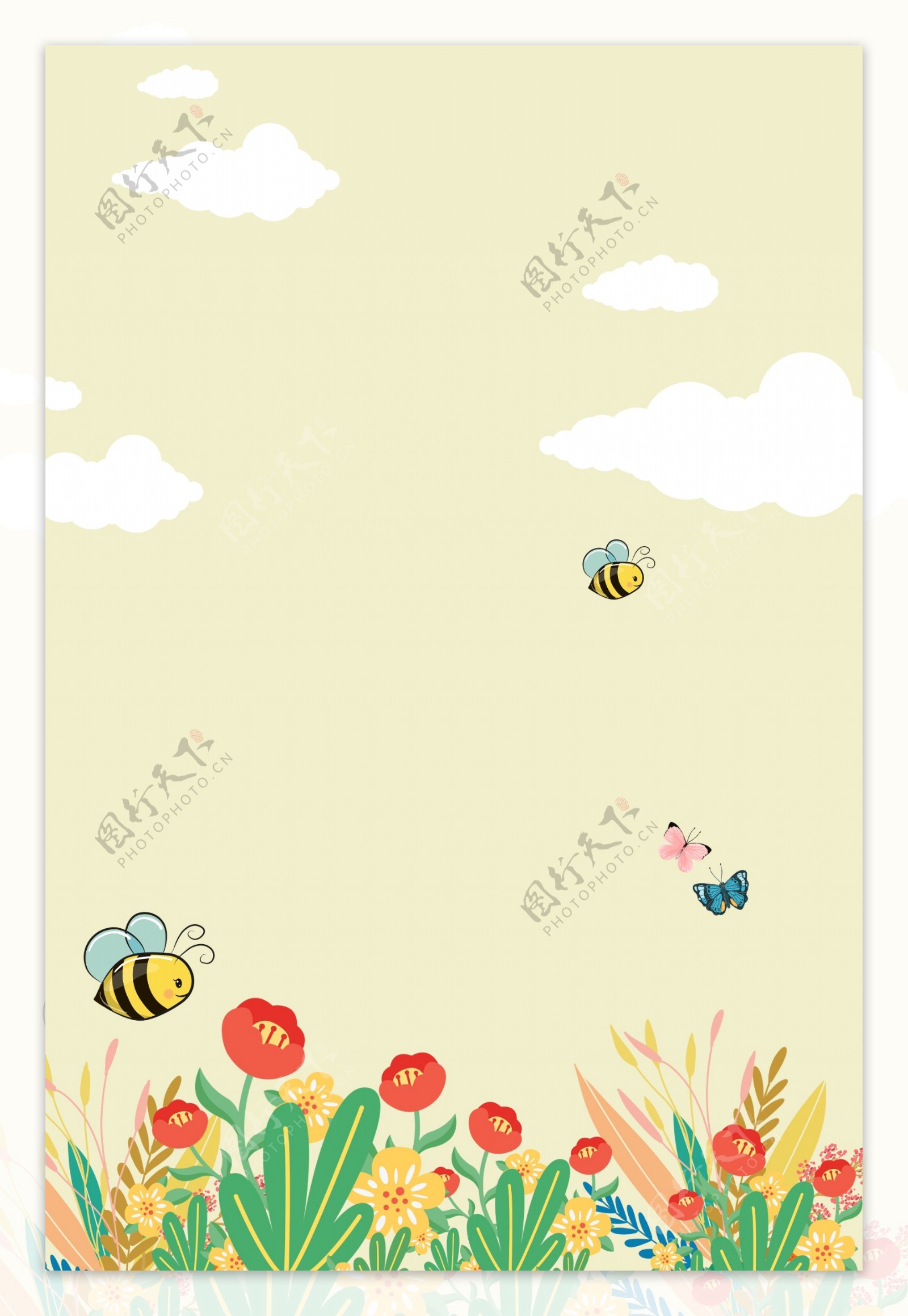 黄色卡通矢量花朵蜜蜂春天海报背景素材