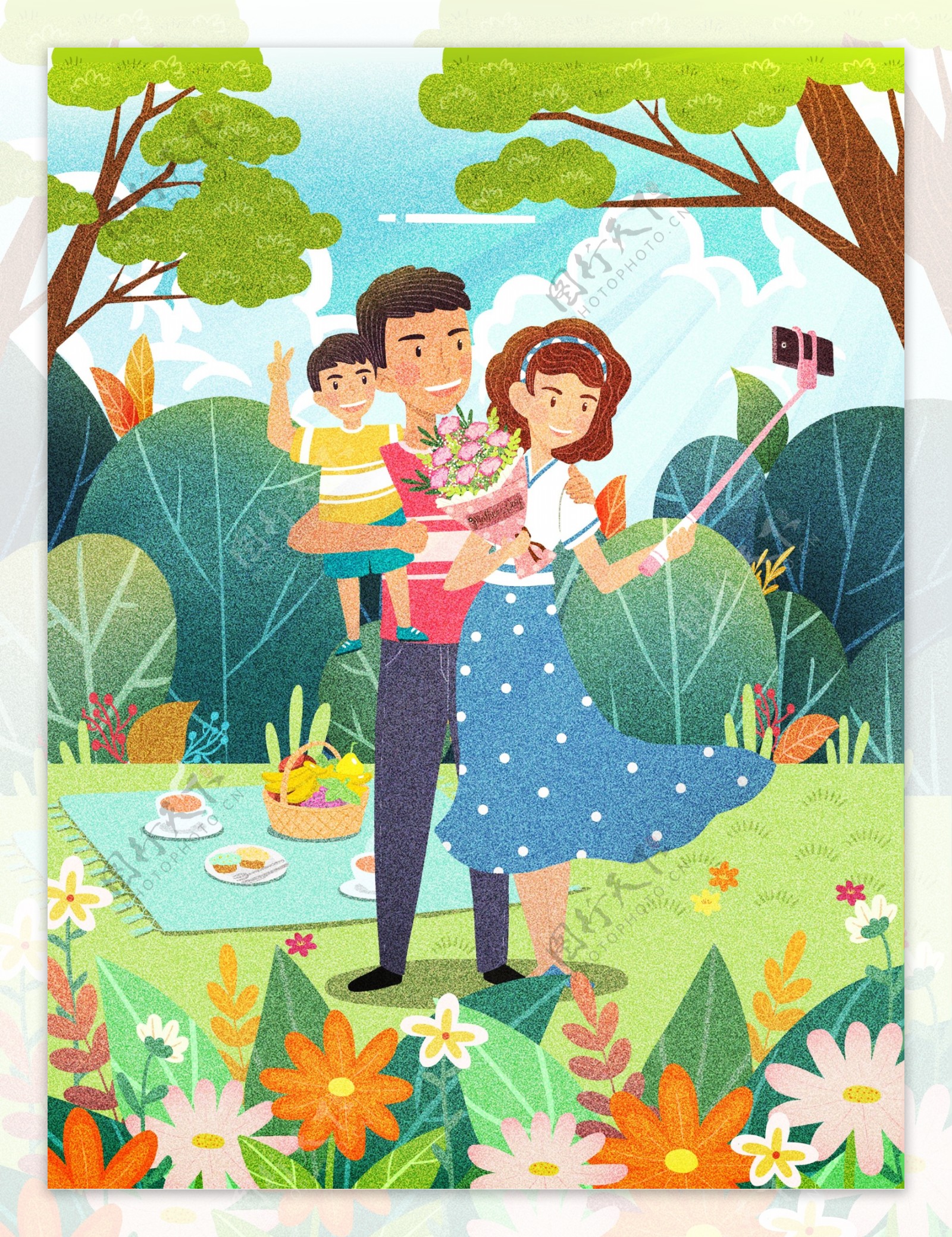 一家三口欢度母亲节野餐拍照留影肌理插画