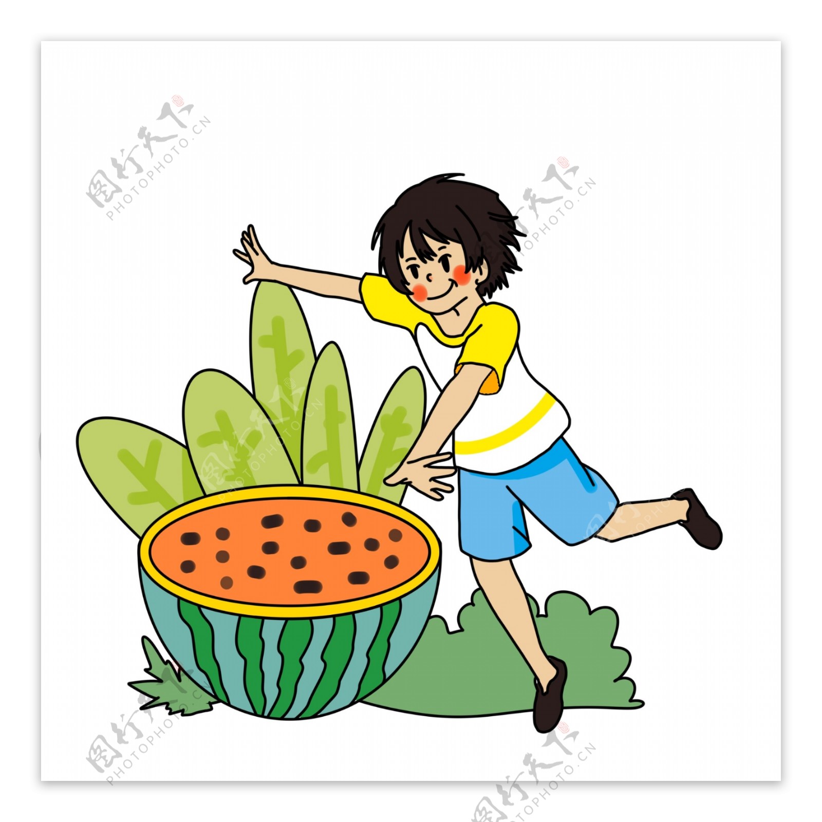 夏日少年开心吃西瓜