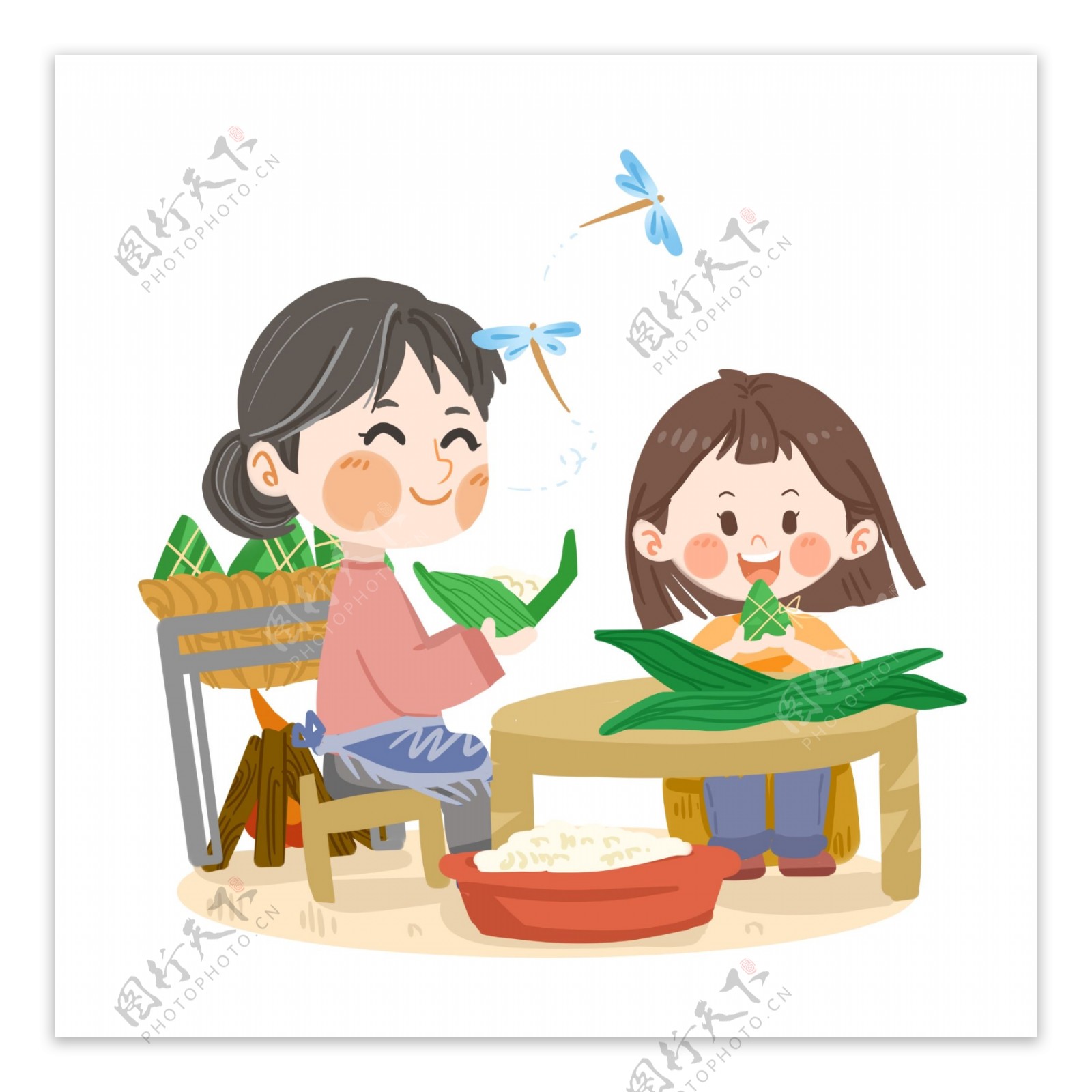端午节可爱女孩和奶奶包粽子PNG素材