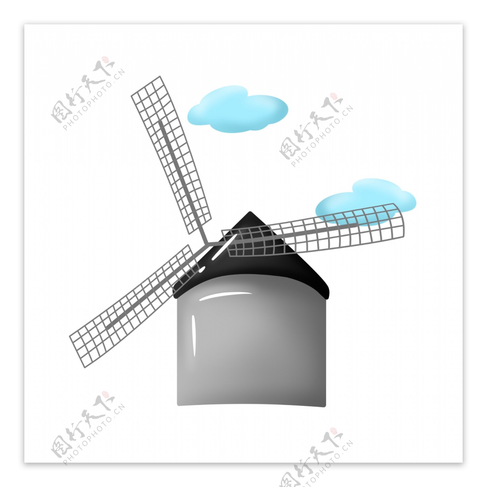 风车建筑和云朵插图