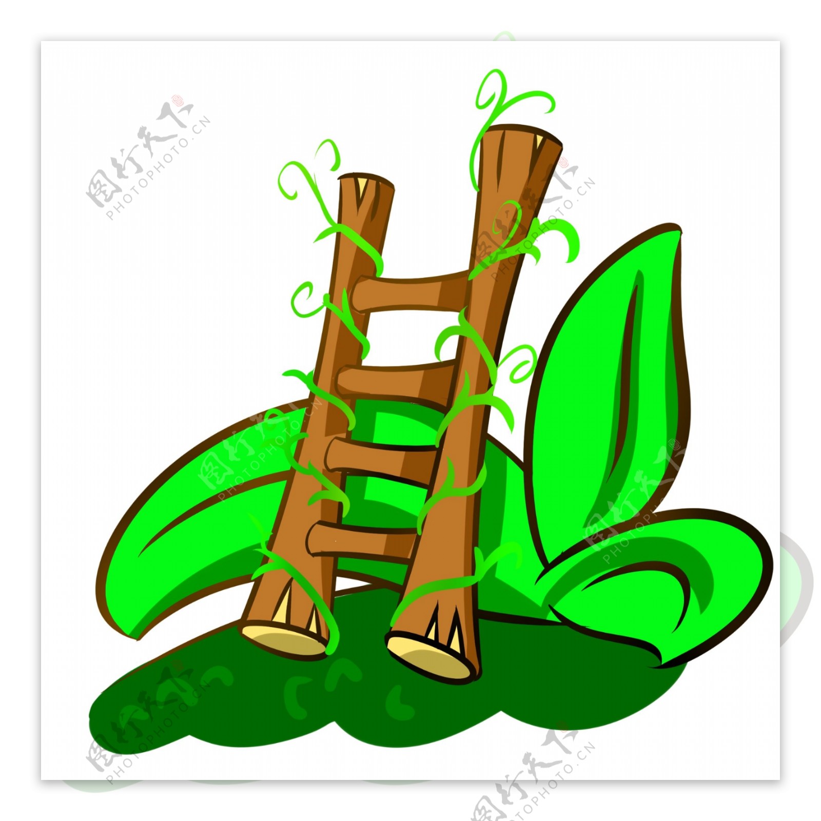 卡通木质梯子和植物
