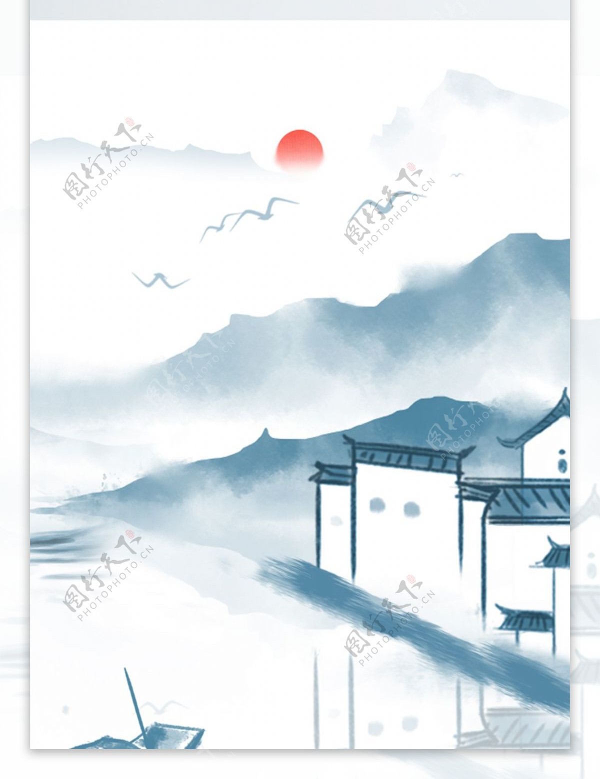 95中式江南水乡水墨手绘竖版装饰画