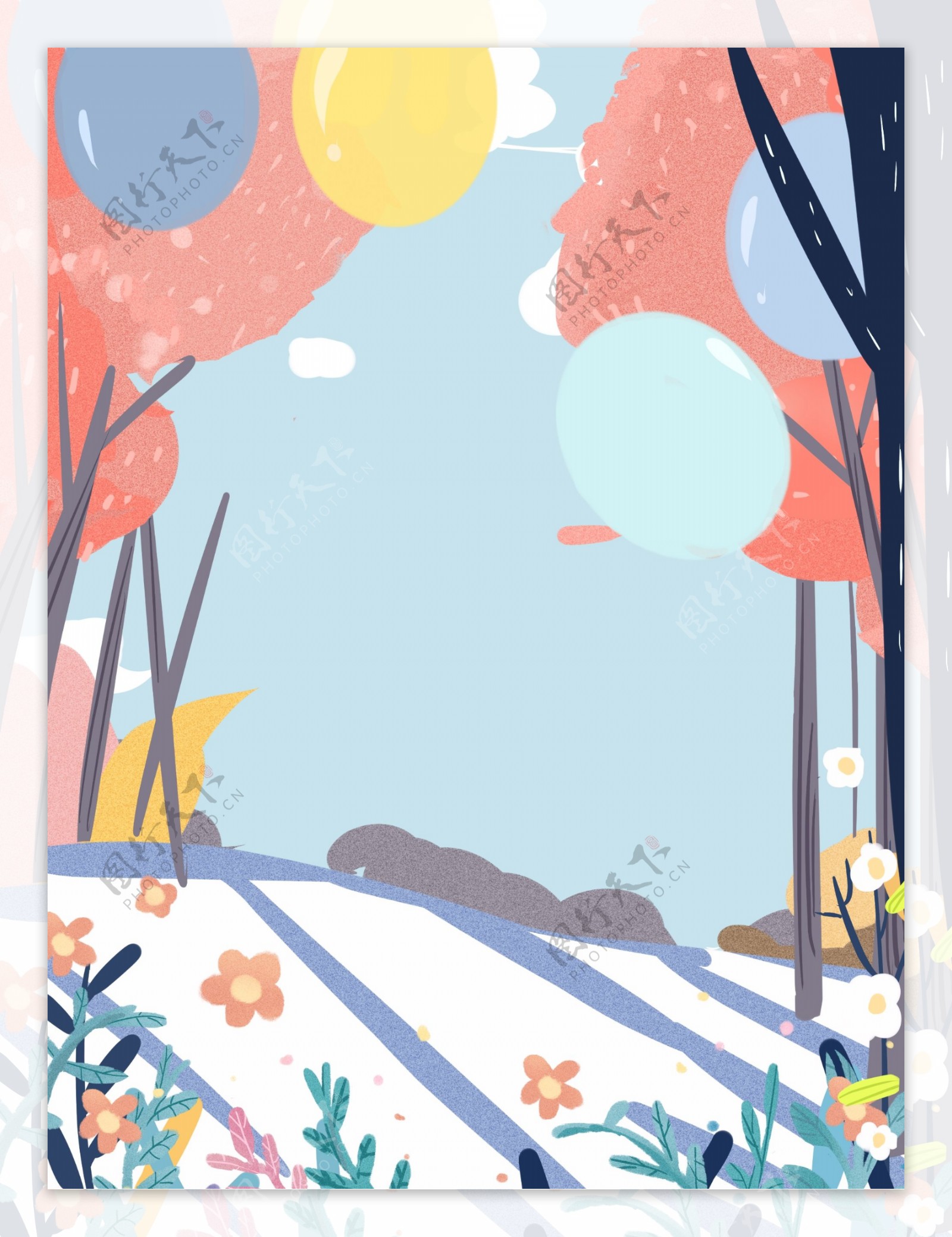蓝色清新春季树林背景设计