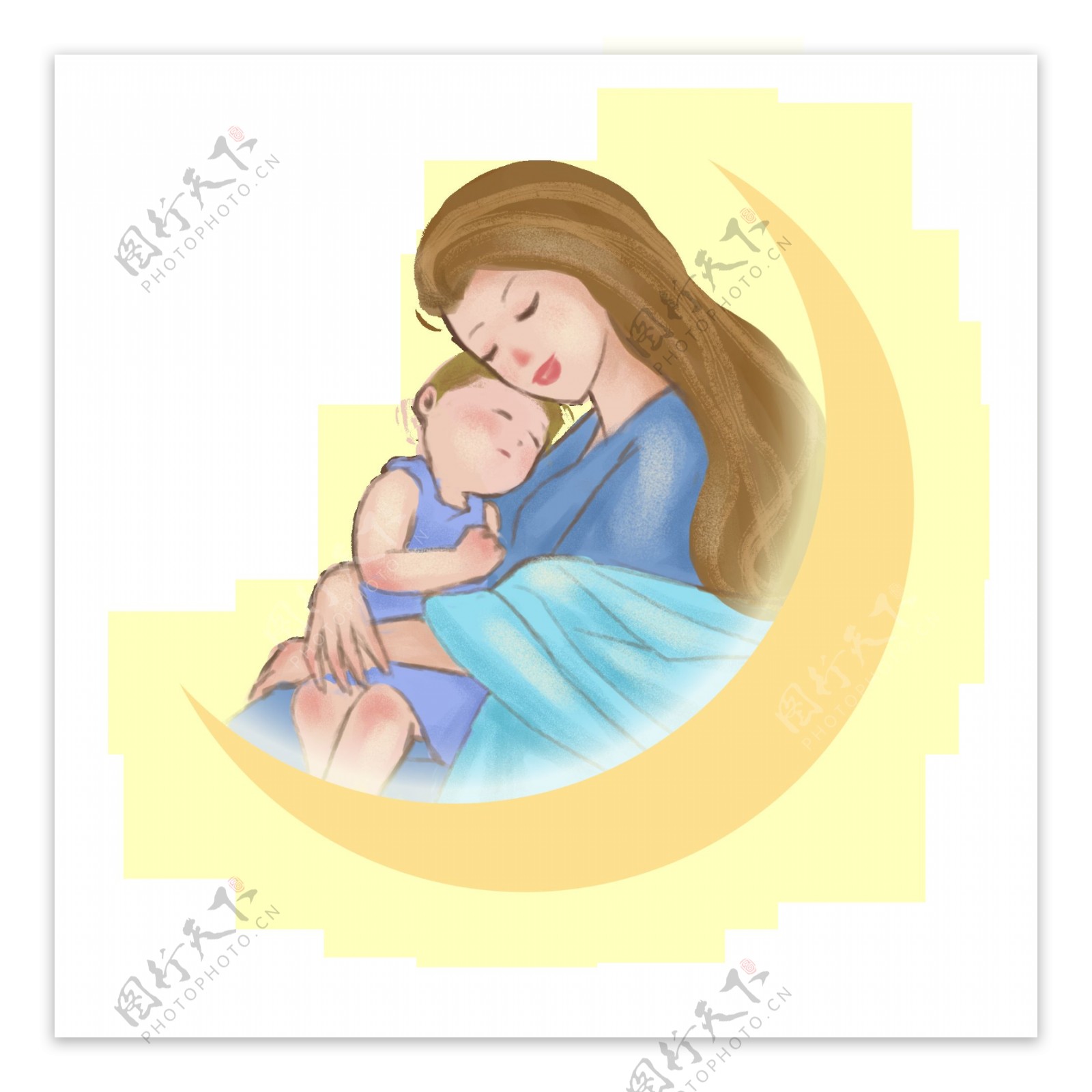 母亲抱着婴儿手绘月亮美梦
