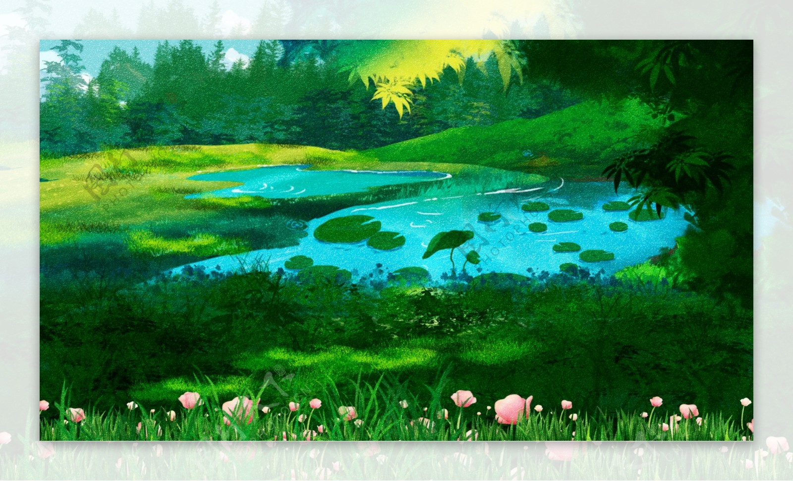 夏季花丛池塘背景素材