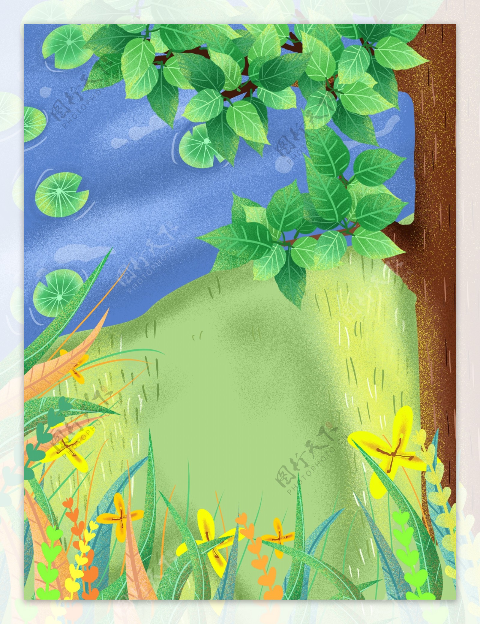 卡通绿色树林风景手绘背景