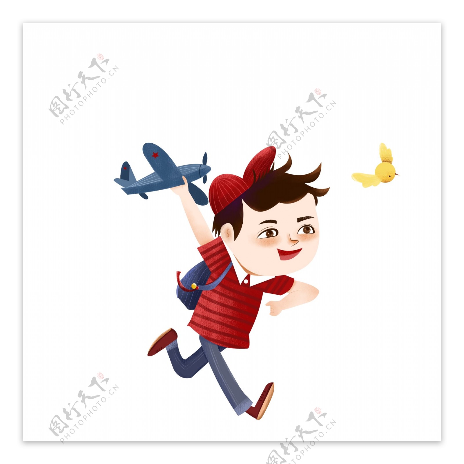 卡通儿童节玩玩具飞机的小男孩