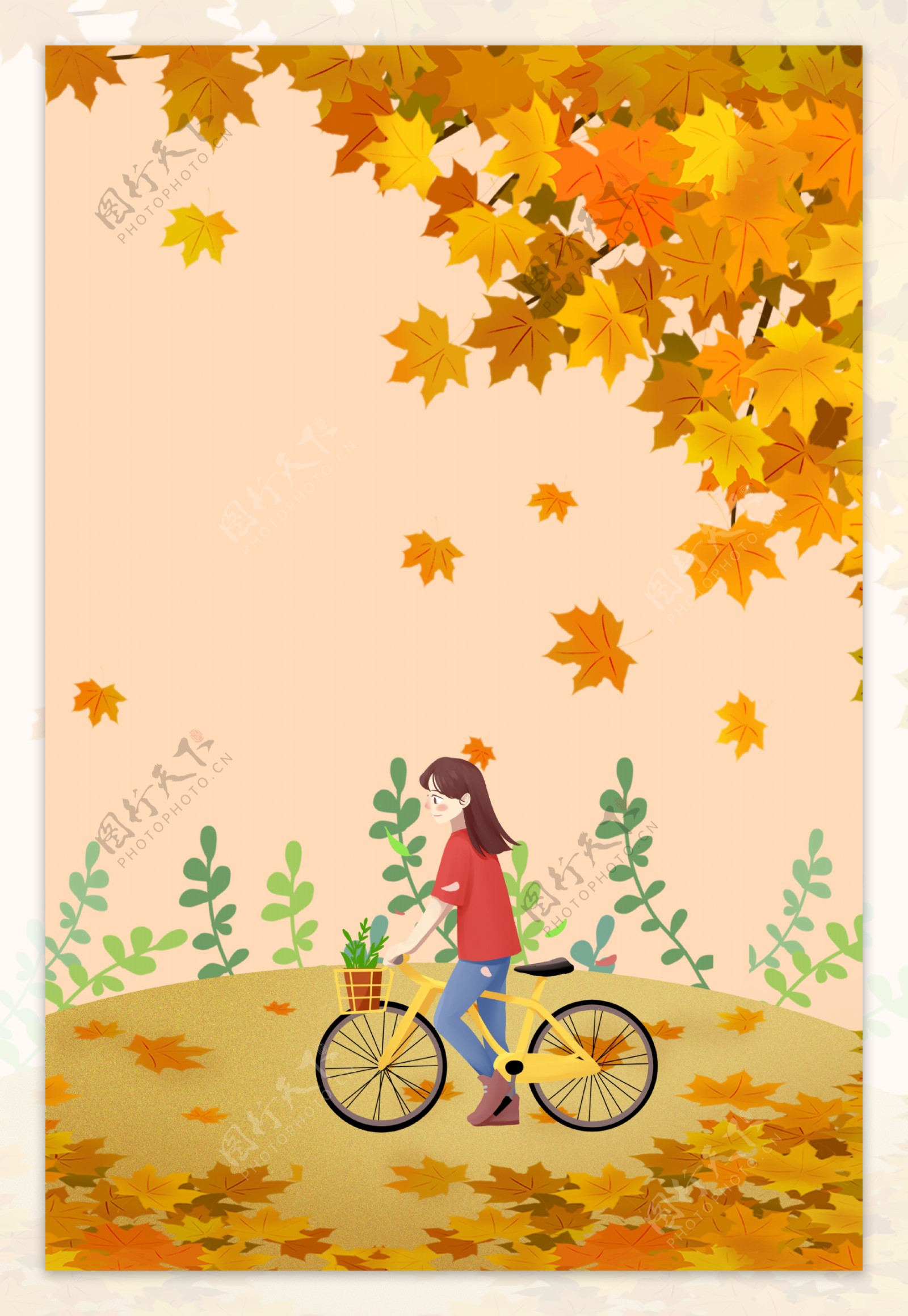 橙色枫叶骑车少女插画海报背景