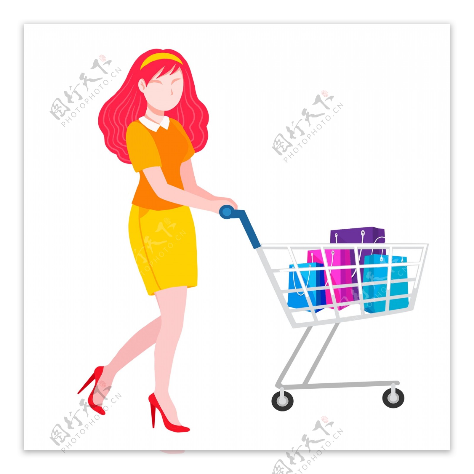 彩色时尚推着购物车购物的女性